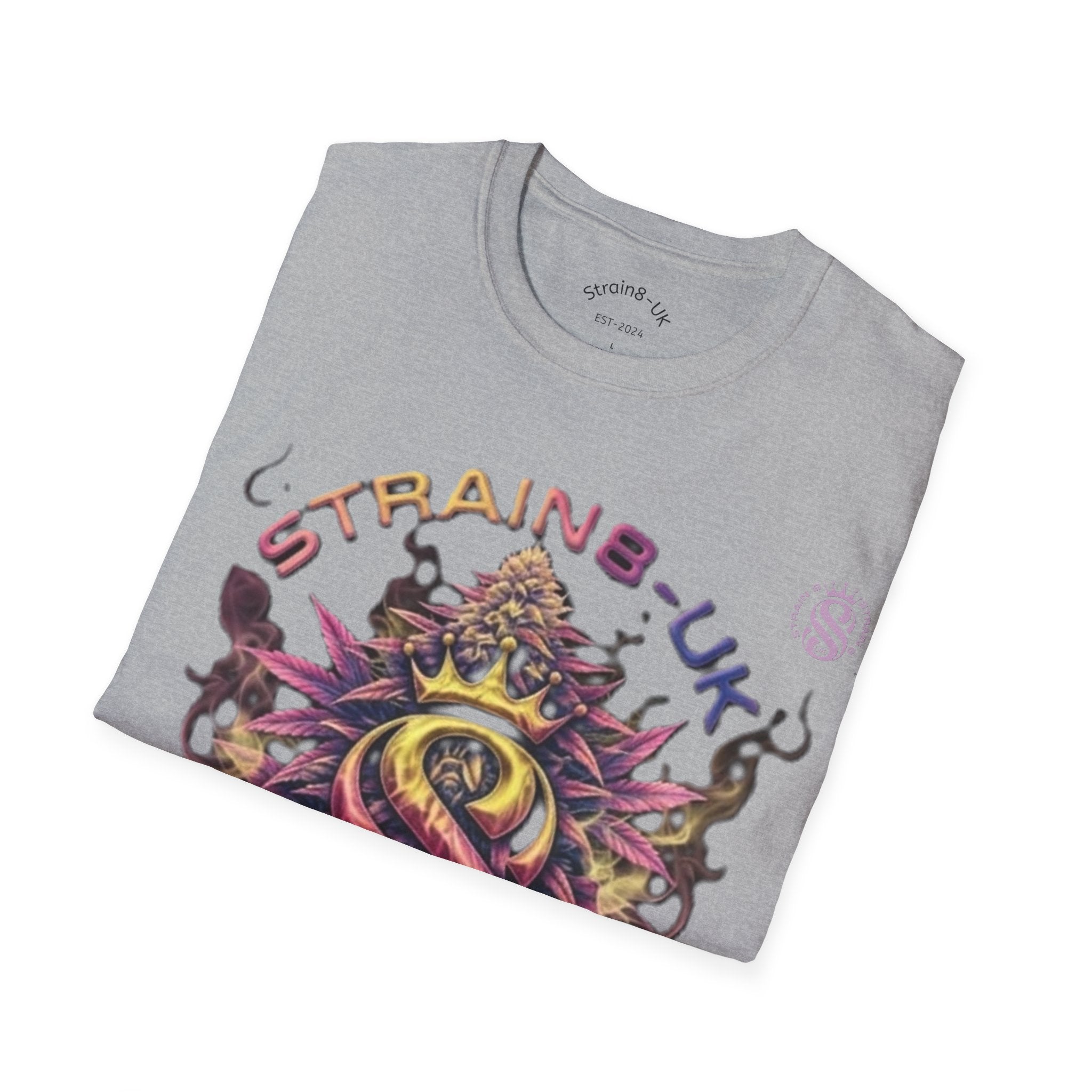 Strain8-UK T‑Shirt — Vibrant Psychedelic Leaf&Logo ‘STRAIN8-UK’ Graphic Tee