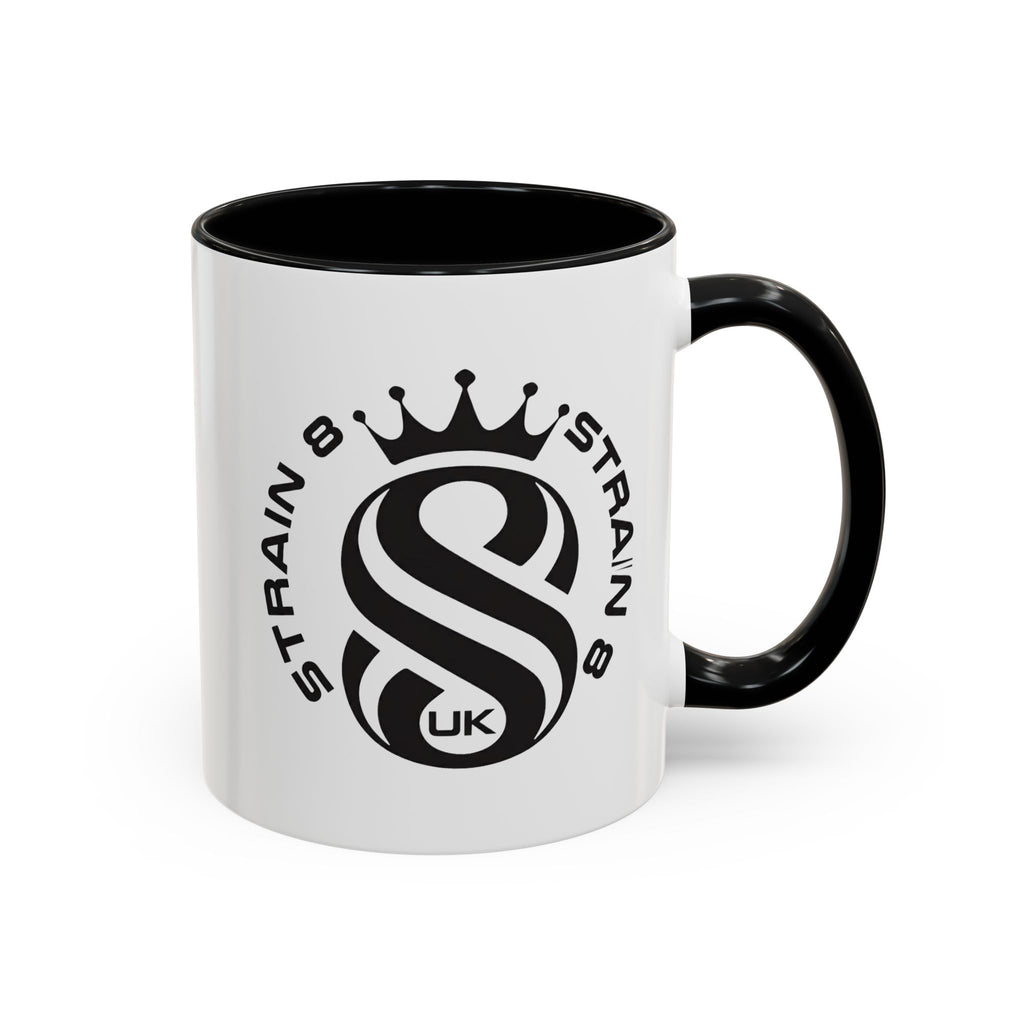 Strain 8 UK Logo Accent Coffee Mug — Crowned S8 Black & White
