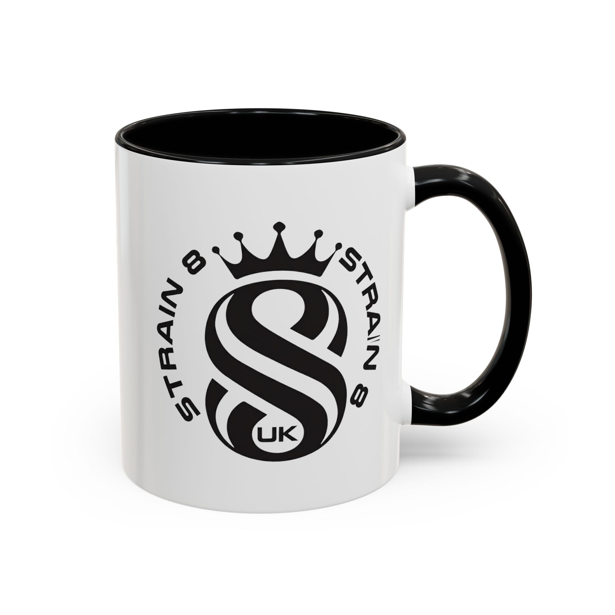 Strain 8 UK Logo Accent Coffee Mug — Crowned S8 Black & White
