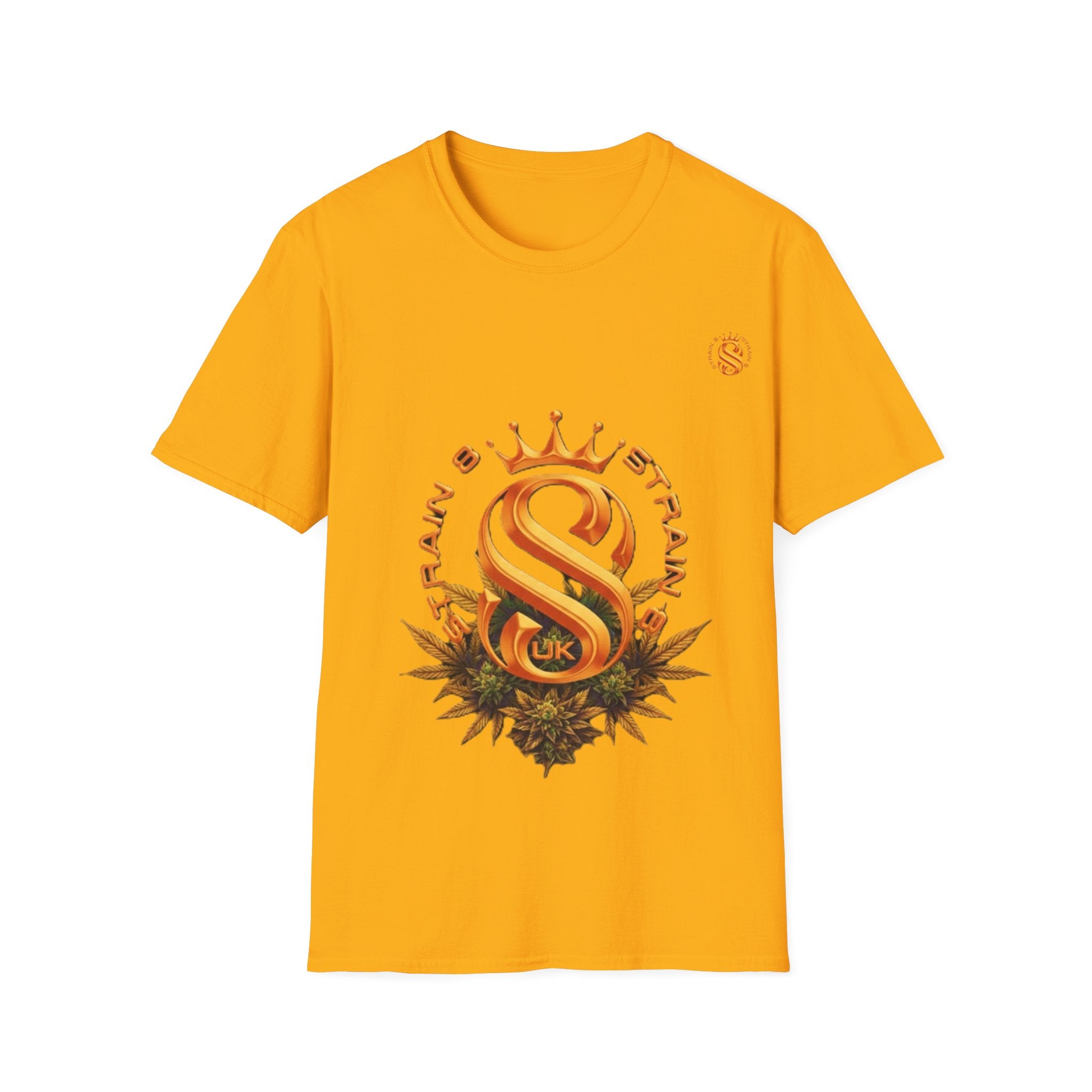 Strain8-UK metallic orange Royal Strain8-UK Emblem T‑Shirt — Crowned Strain8-UK Logo Graphic Tee