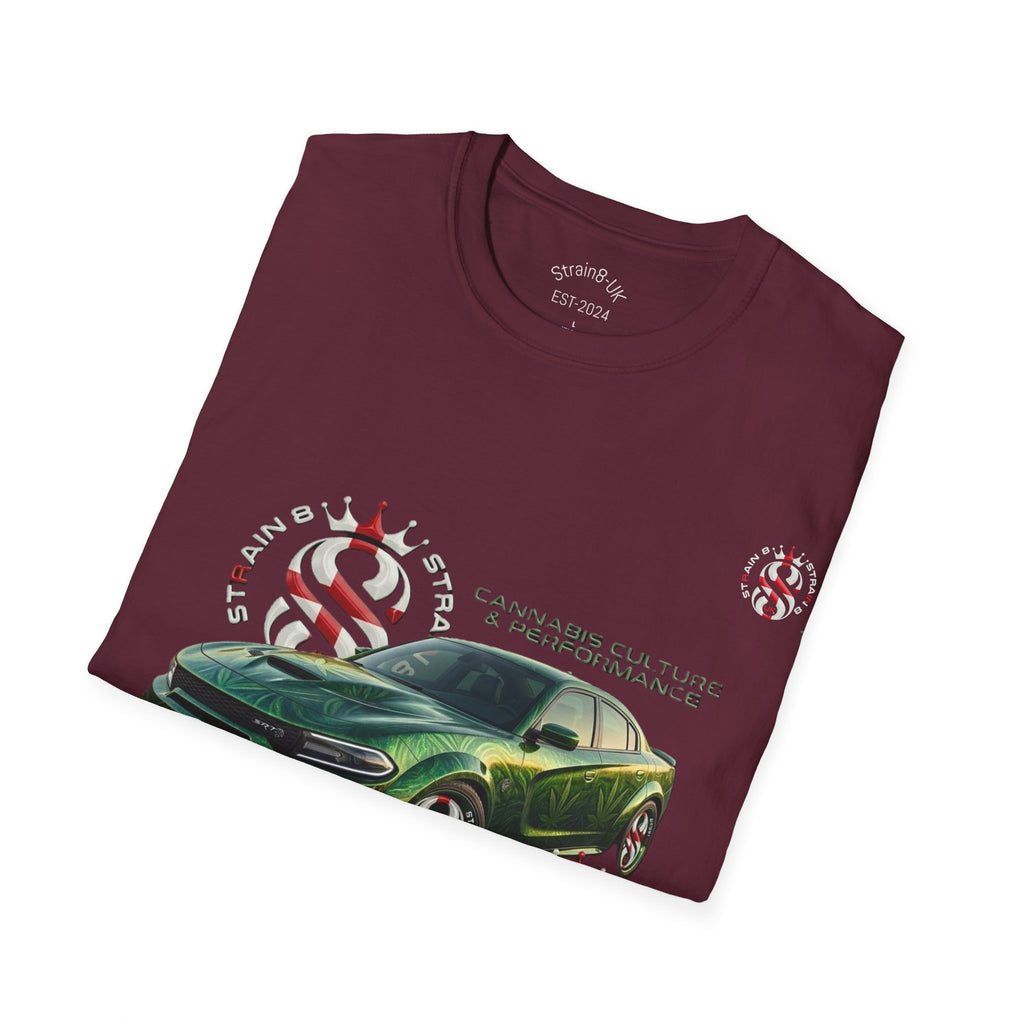 High Performance Strain8-UK Muscle Car T‑Shirt — Green Sports Car Graphic St George Cross Alloys Tee