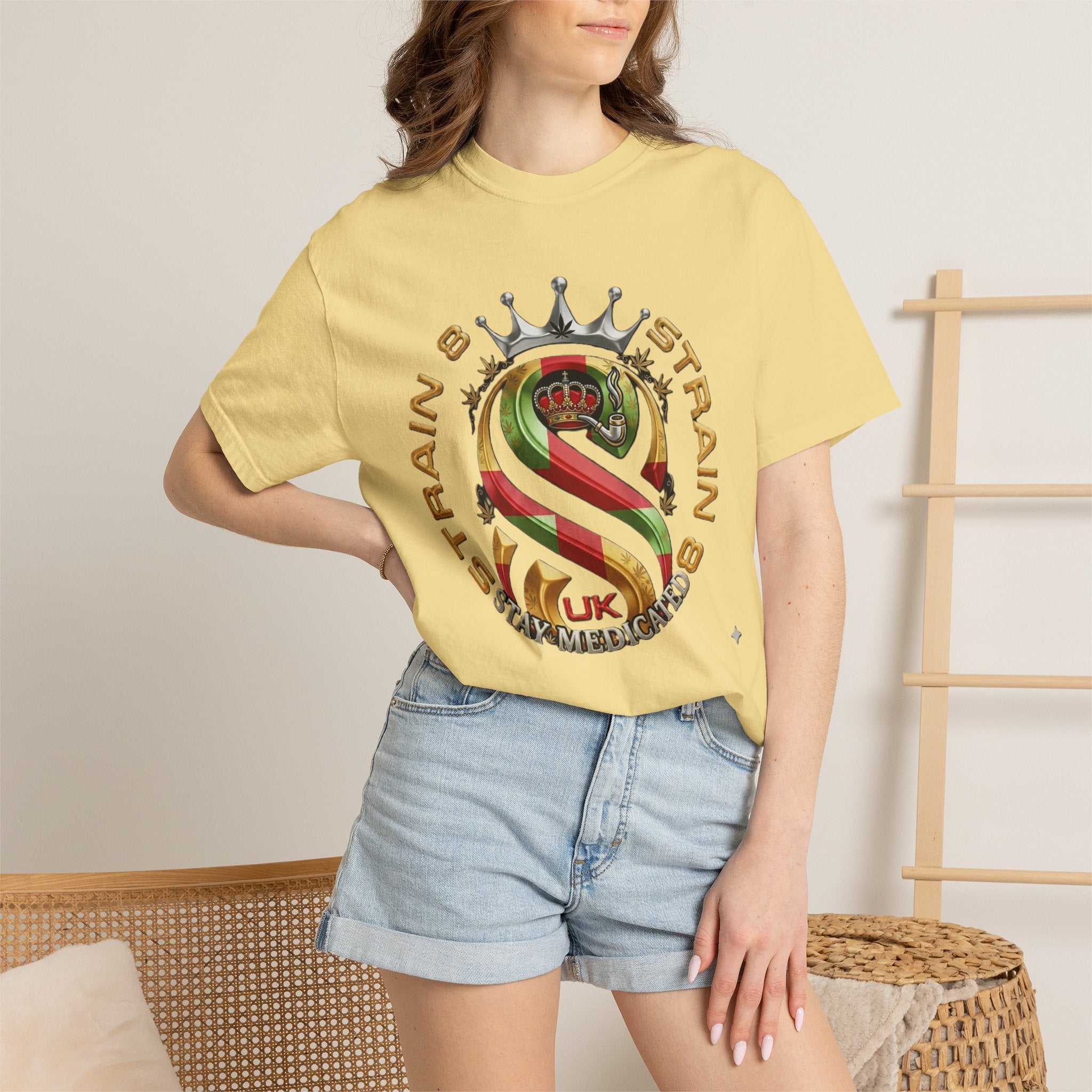 Strain8-UK Crown Logo T-Shirt — St George Cross Mixed With Spanish Flahg-Inspired Graphic Tee