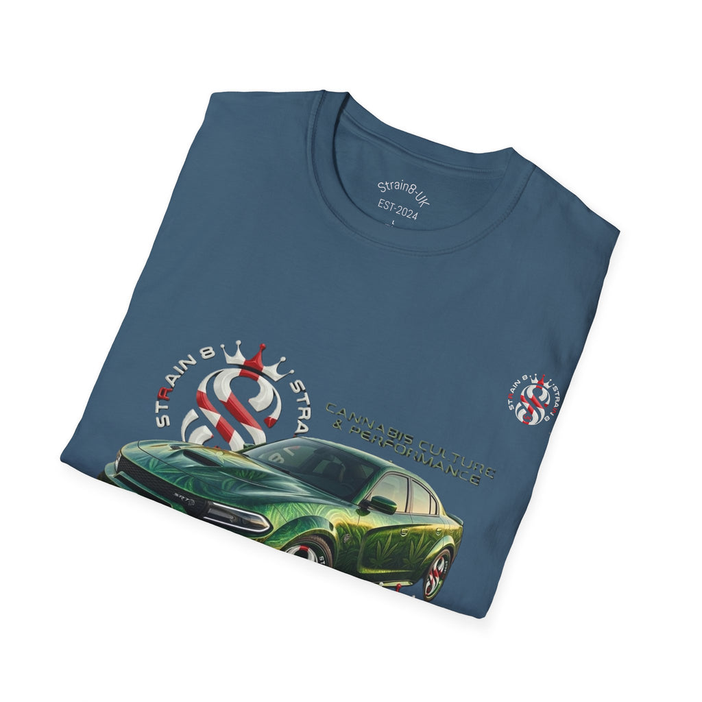 High Performance Strain8-UK Muscle Car T‑Shirt — Green Sports Car Graphic St George Cross Alloys Tee