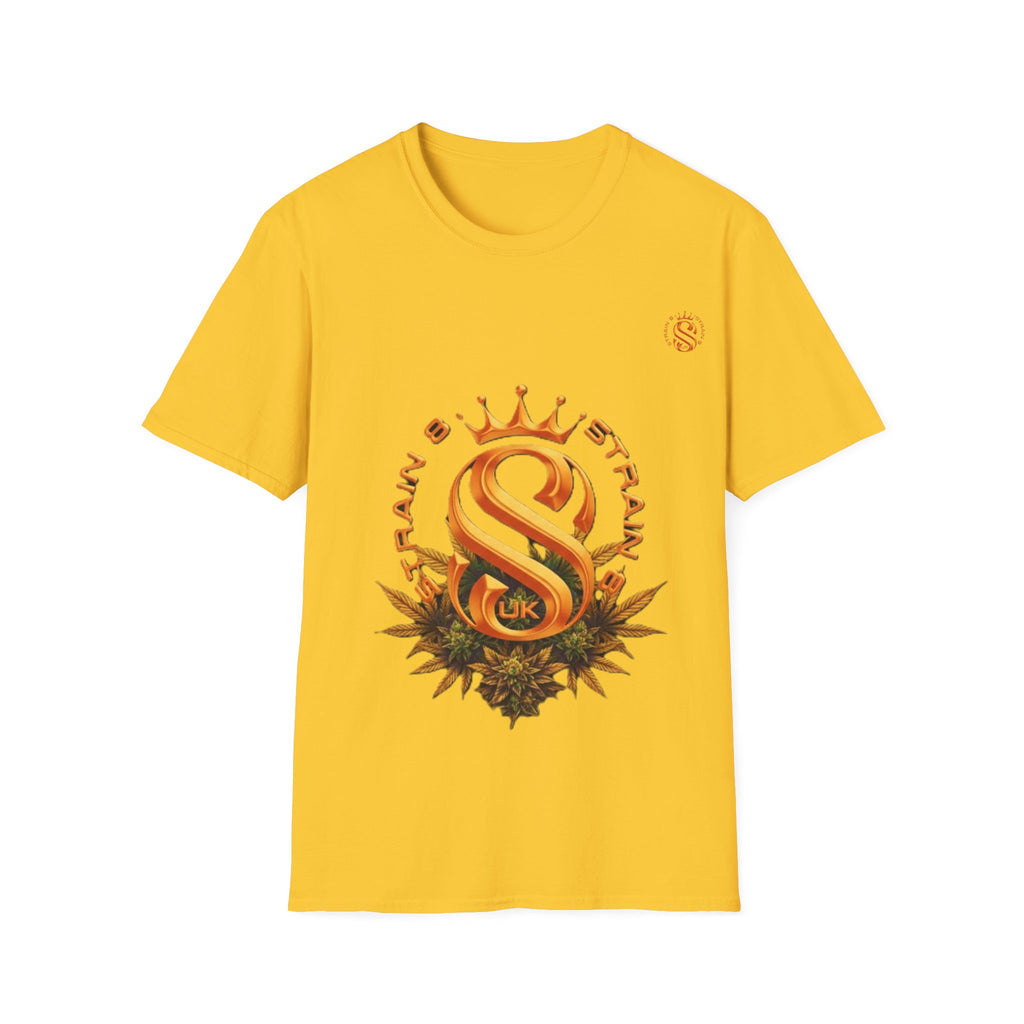 Strain8-UK metallic orange Royal Strain8-UK Emblem T‑Shirt — Crowned Strain8-UK Logo Graphic Tee