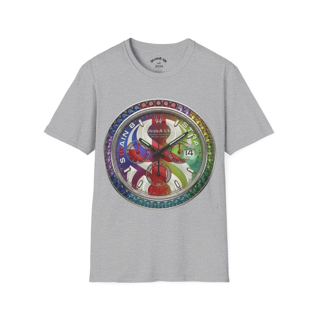 Rainbow Watch Face Graphic T‑Shirt —Strain8-UK Colourful Timepiece Dial Design