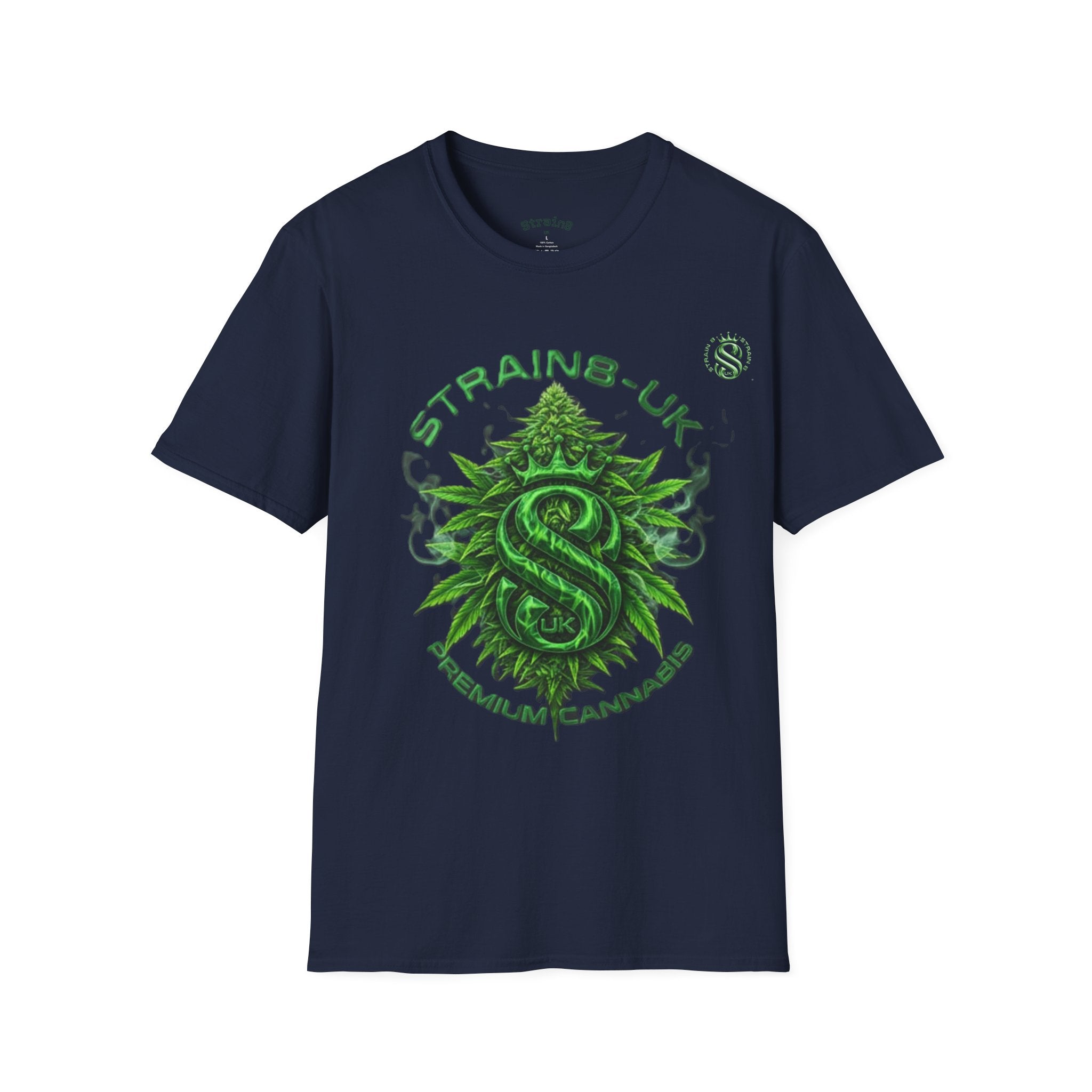 Strain8-UK logo/cannabis T-Shirt — Green Snake Crest 'STRAIN8-UK' Graphic Tee