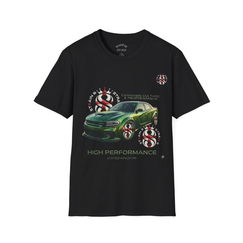 High Performance Strain8-UK Muscle Car T‑Shirt — Green Sports Car Graphic St George Cross Alloys Tee