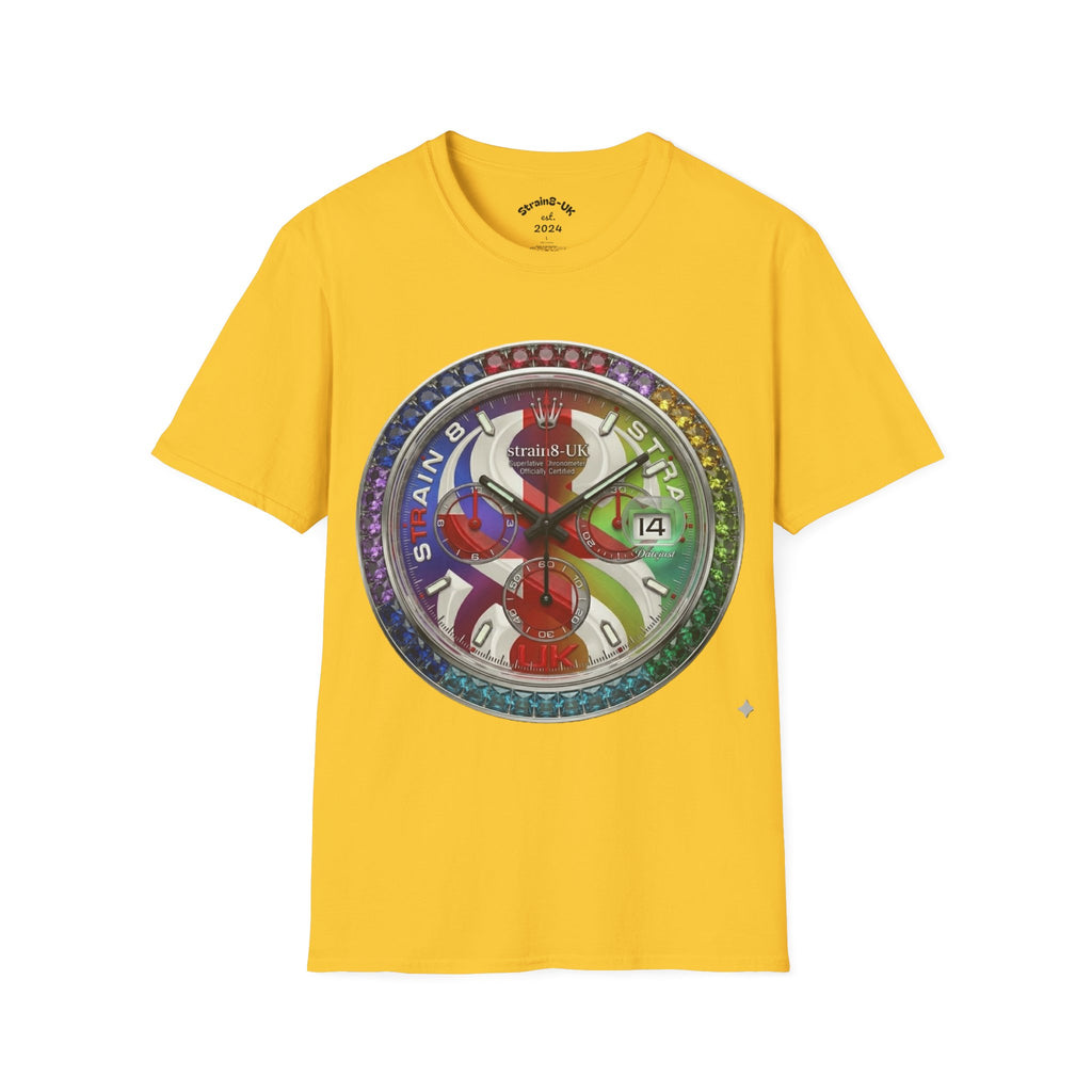 Rainbow Watch Face Graphic T‑Shirt —Strain8-UK Colourful Timepiece Dial Design