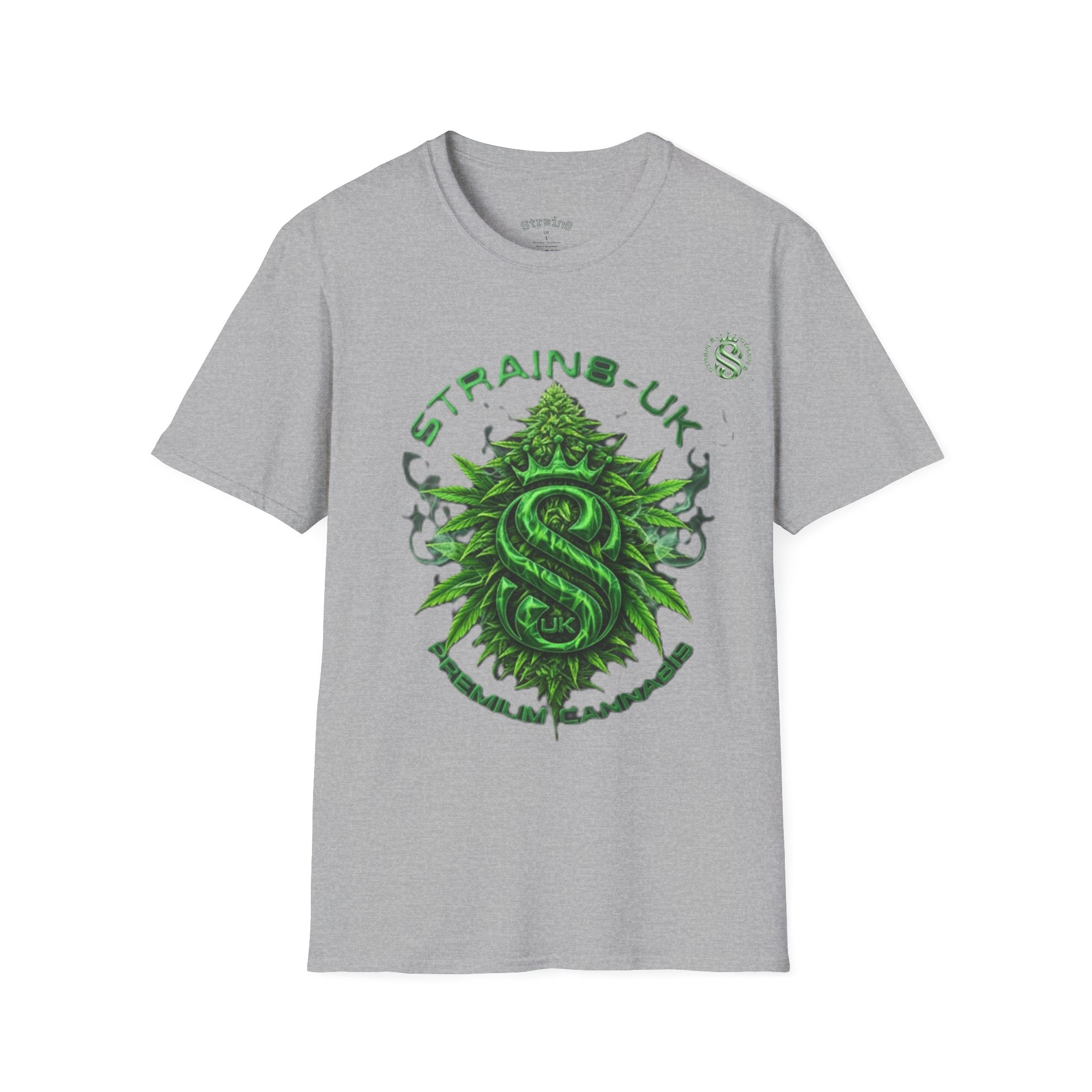 Strain8-UK logo/cannabis T-Shirt — Green Snake Crest 'STRAIN8-UK' Graphic Tee