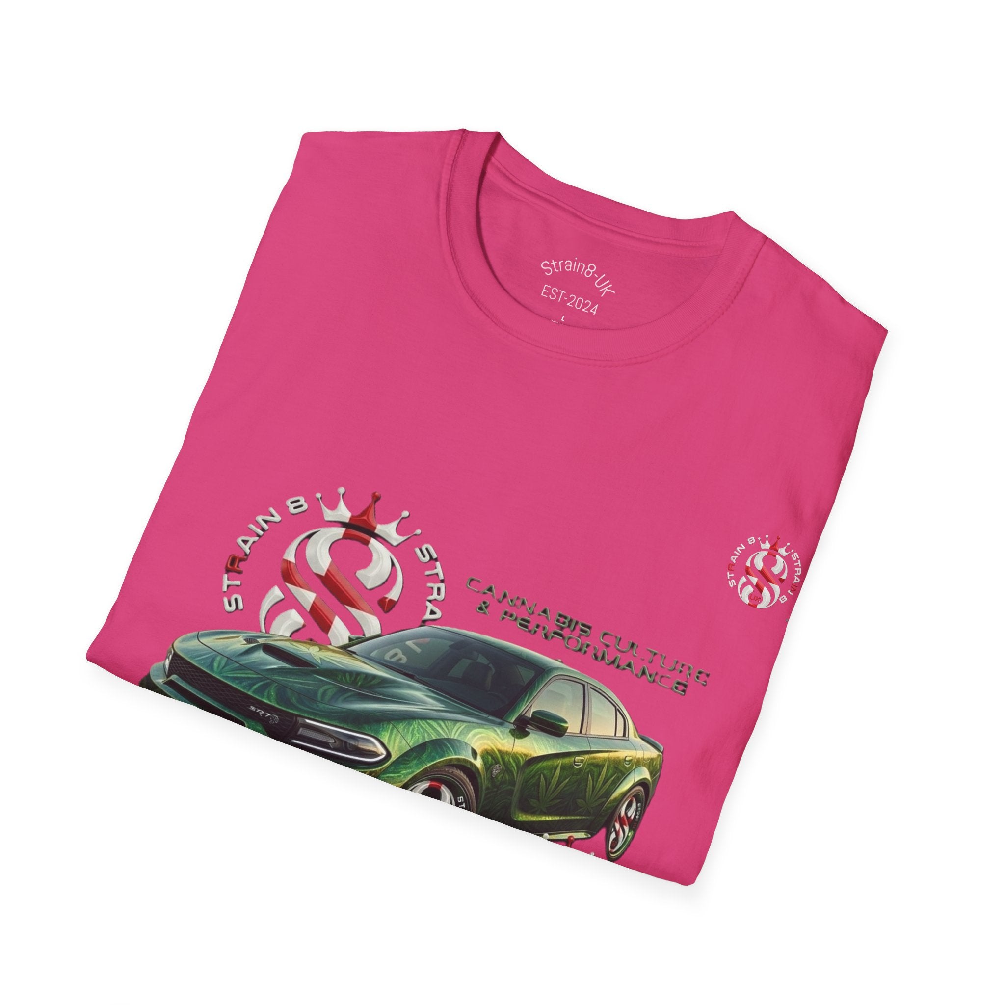 High Performance Strain8-UK Muscle Car T‑Shirt — Green Sports Car Graphic St George Cross Alloys Tee