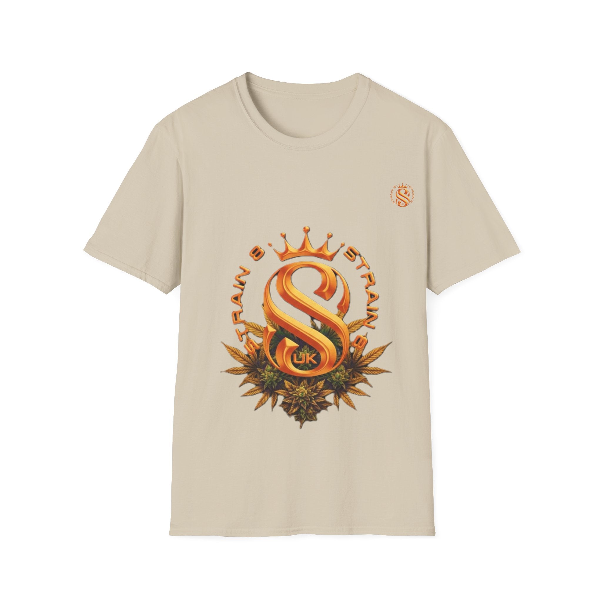 Strain8-UK metallic orange Royal Strain8-UK Emblem T‑Shirt — Crowned Strain8-UK Logo Graphic Tee