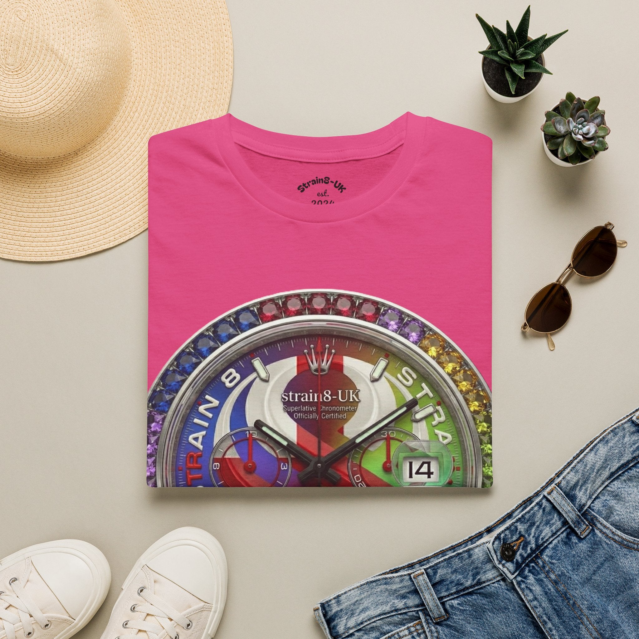 Rainbow Watch Face Graphic T‑Shirt —Strain8-UK Colourful Timepiece Dial Design