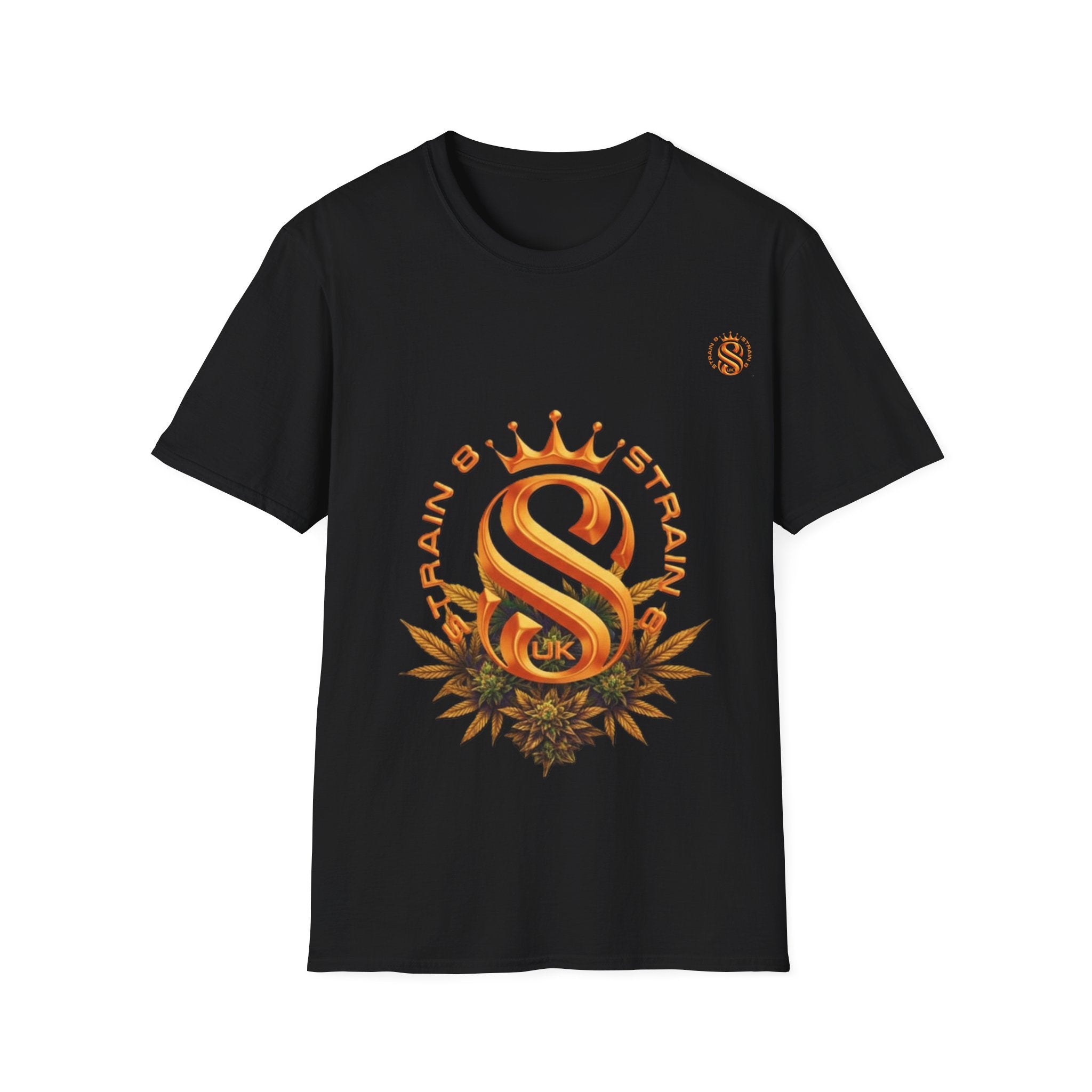 Strain8-UK metallic orange Royal Strain8-UK Emblem T‑Shirt — Crowned Strain8-UK Logo Graphic Tee