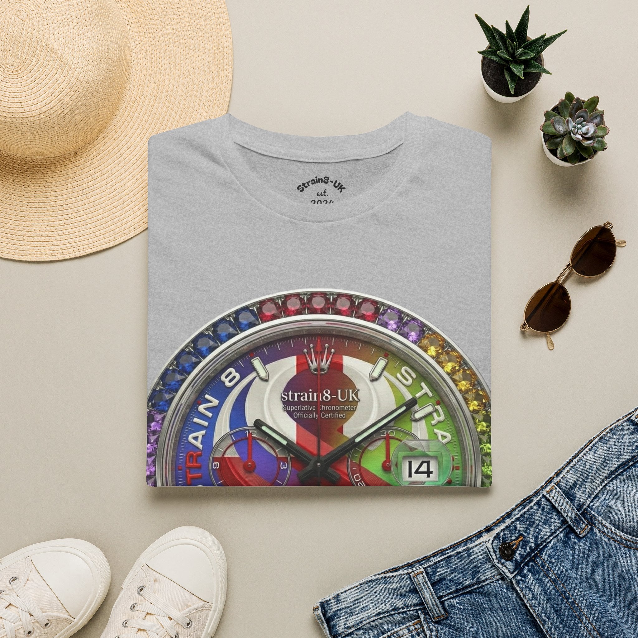 Rainbow Watch Face Graphic T‑Shirt —Strain8-UK Colourful Timepiece Dial Design