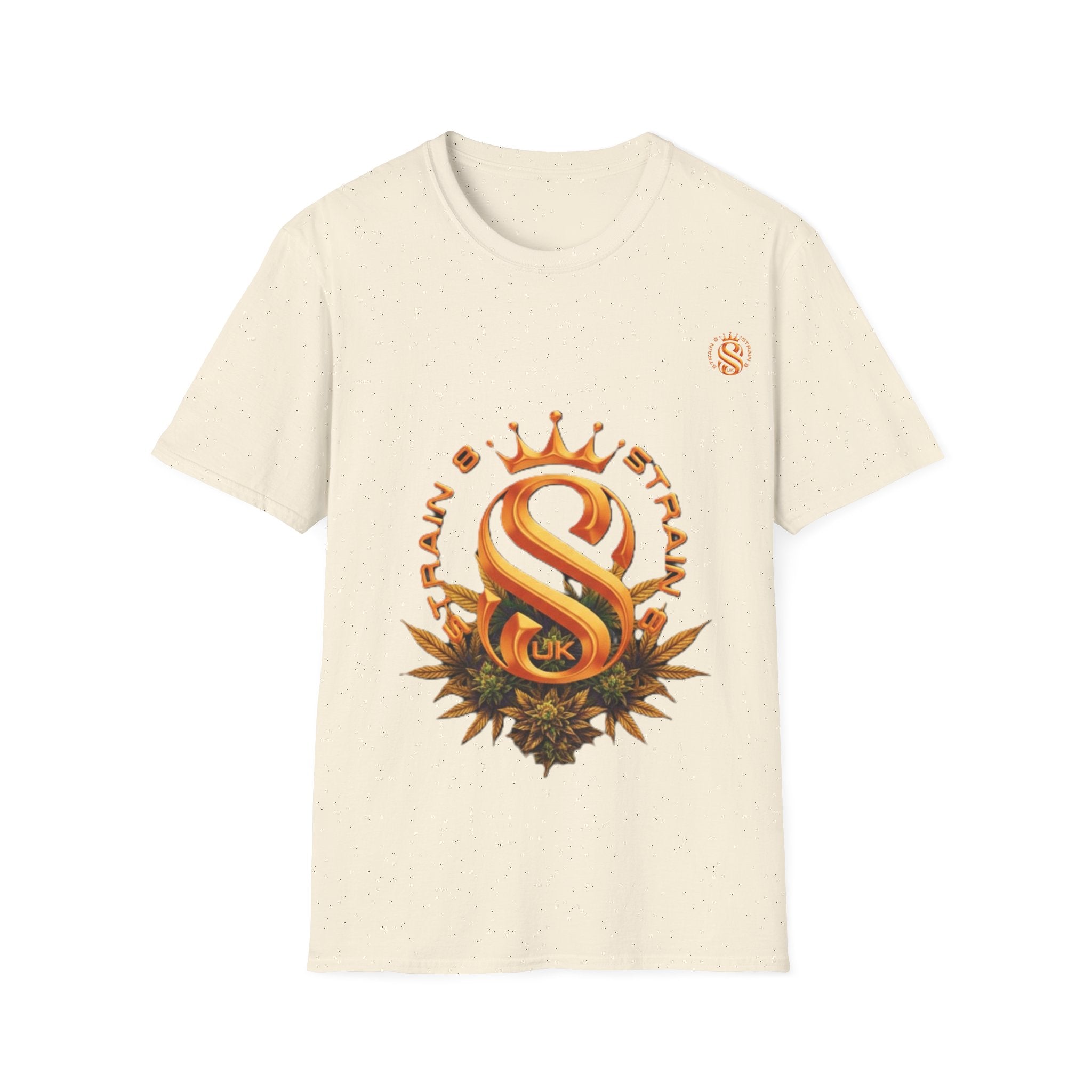 Strain8-UK metallic orange Royal Strain8-UK Emblem T‑Shirt — Crowned Strain8-UK Logo Graphic Tee