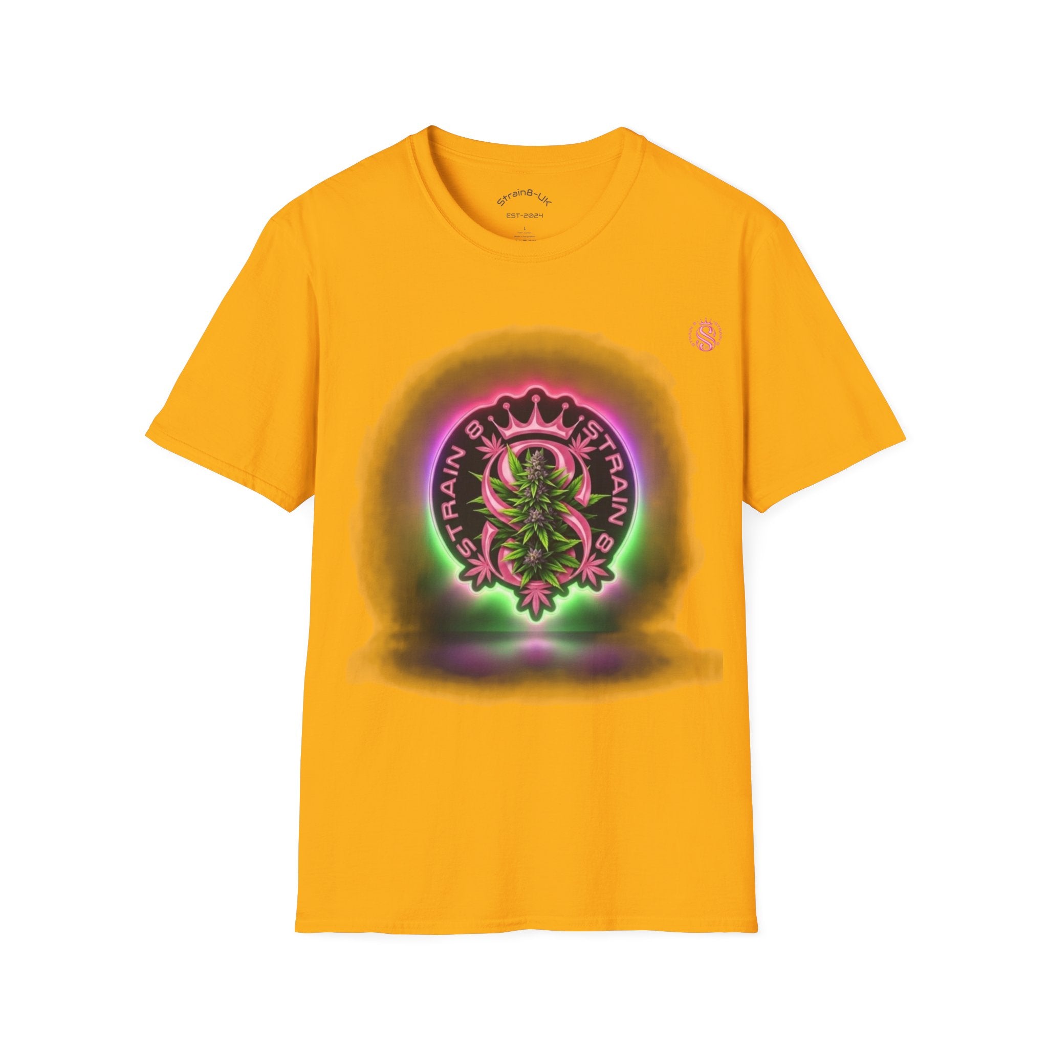 Unisex Softstyle Strain8-UK Neon Glow S8-UK Logo with flower Design T-Shirt