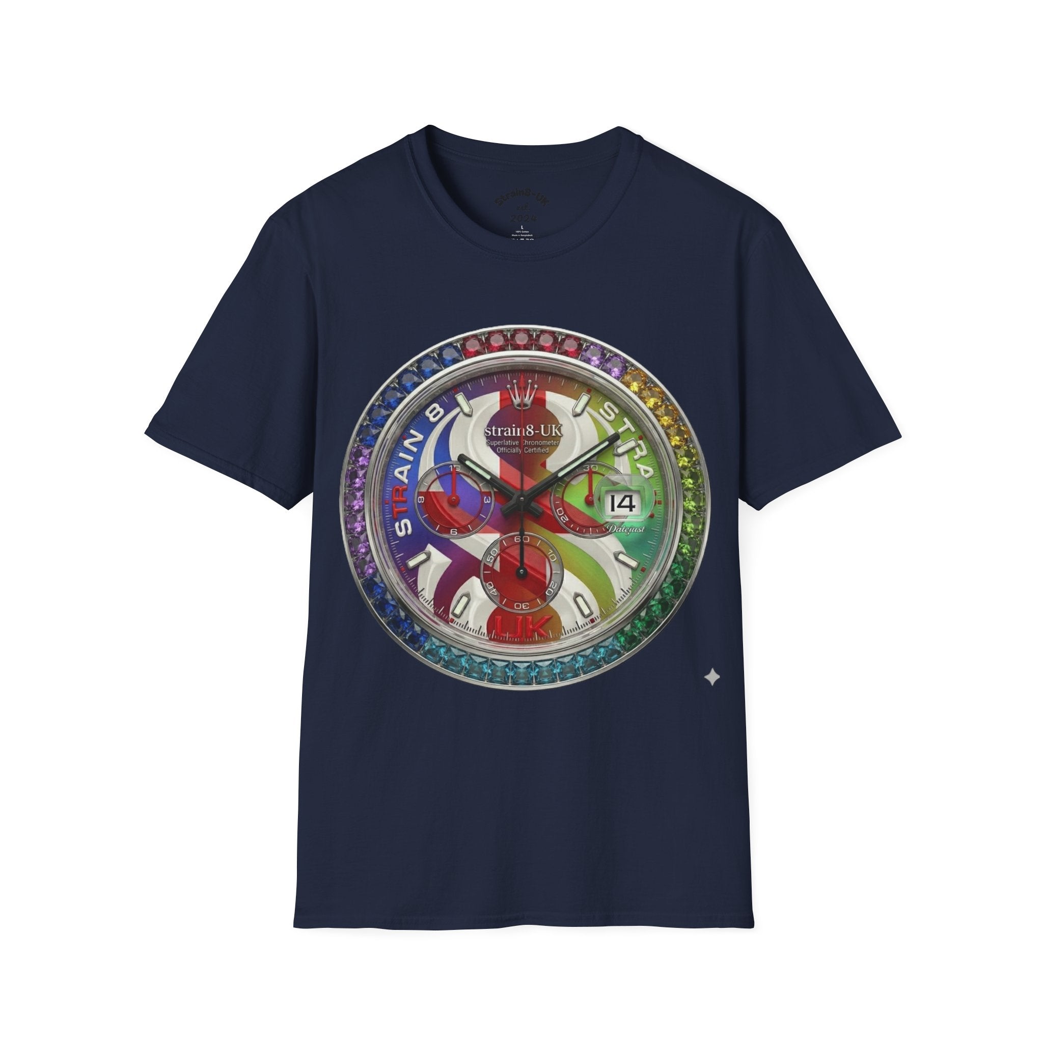 Rainbow Watch Face Graphic T‑Shirt —Strain8-UK Colourful Timepiece Dial Design