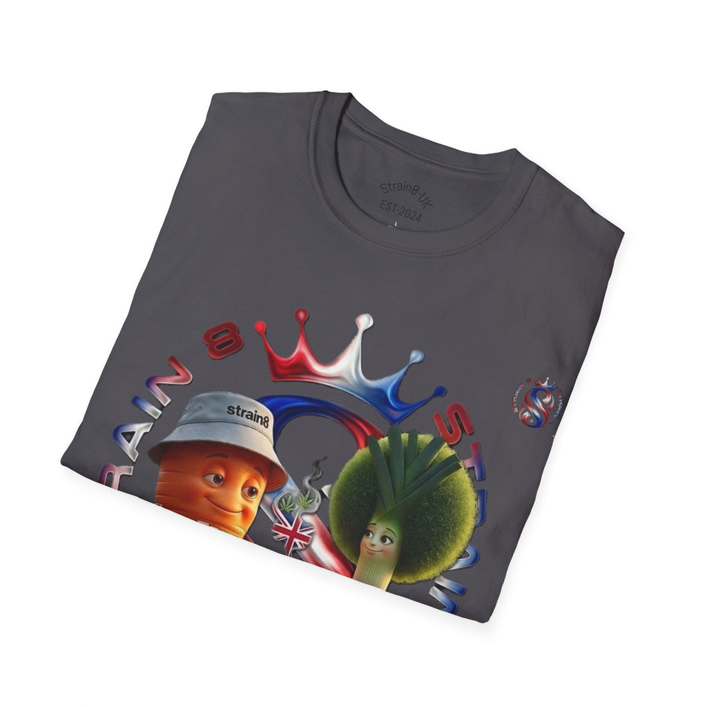The Royal Strain8-UK T‑Shirt – Cute Cartoon Ted the carrot & Lucy the leak Veggie Characters Tee