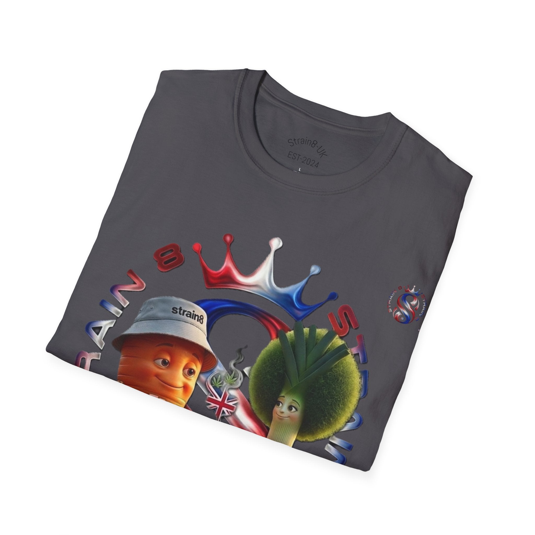 The Royal Strain8-UK T‑Shirt – Cute Cartoon Ted the carrot & Lucy the leak Veggie Characters Tee
