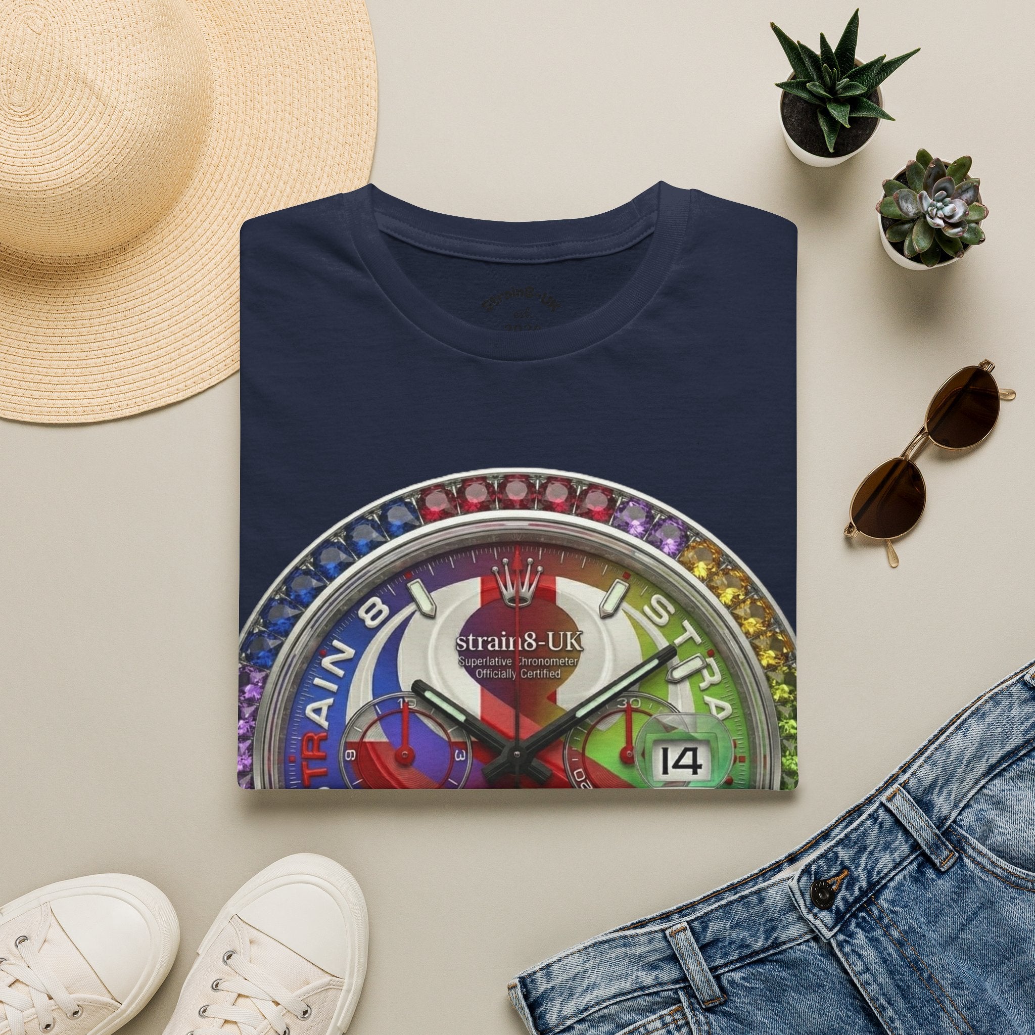 Rainbow Watch Face Graphic T‑Shirt —Strain8-UK Colourful Timepiece Dial Design