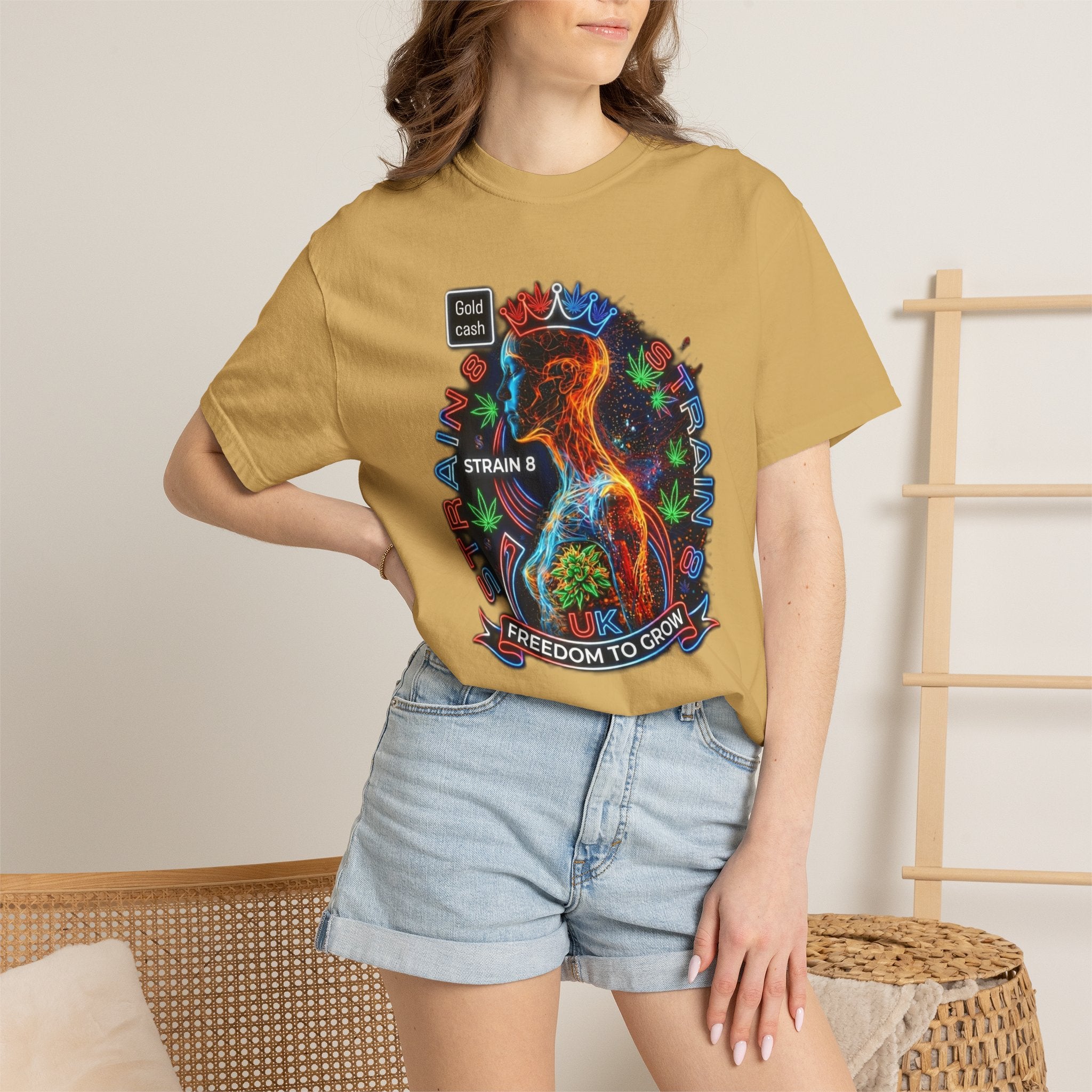 T-Shirt — Psychedelic Crowned Female Energy Glow, Freedom to Grow Graphic Tee (Strain8-UK)