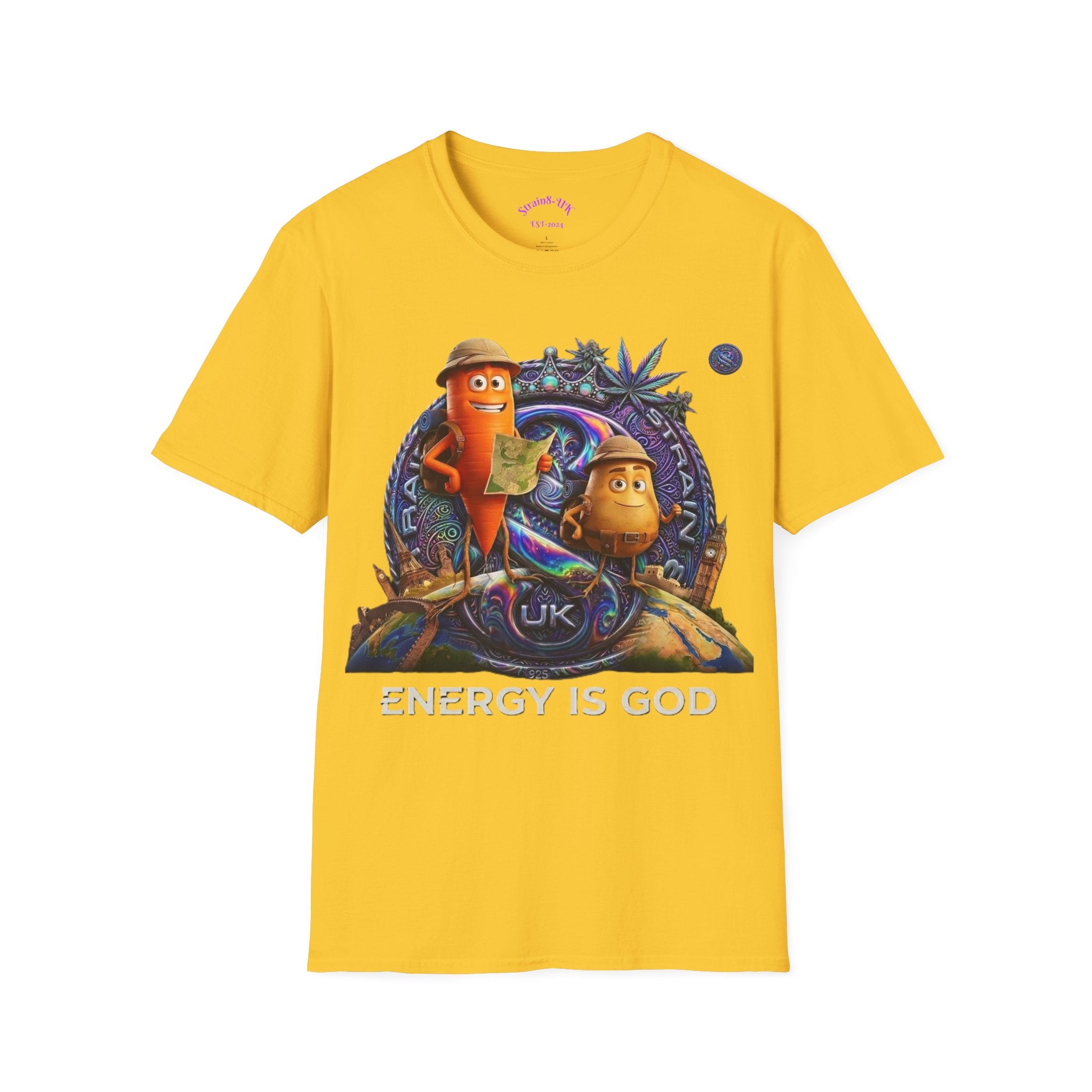 Strain8-UK Ted&Fred Energy Is God T-Shirt — Retro Cartoon Space Energy Design