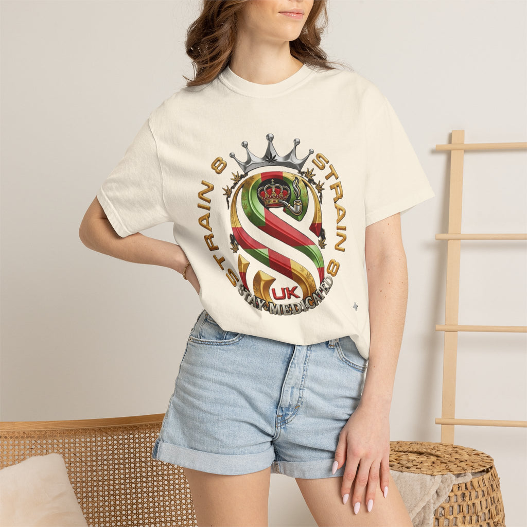 Strain8-UK Crown Logo T-Shirt — St George Cross Mixed With Spanish Flahg-Inspired Graphic Tee