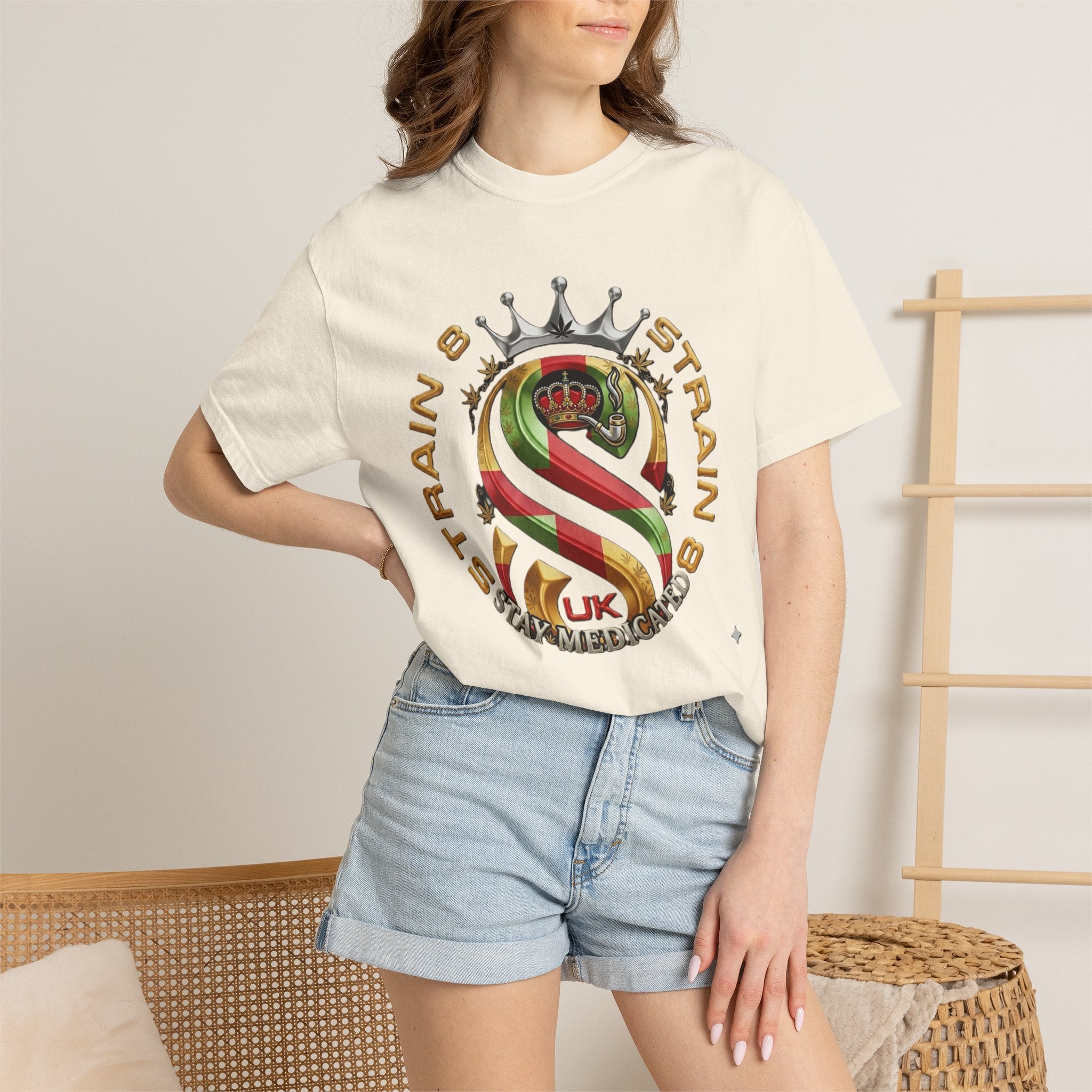 Strain8-UK Crown Logo T-Shirt — St George Cross Mixed With Spanish Flahg-Inspired Graphic Tee