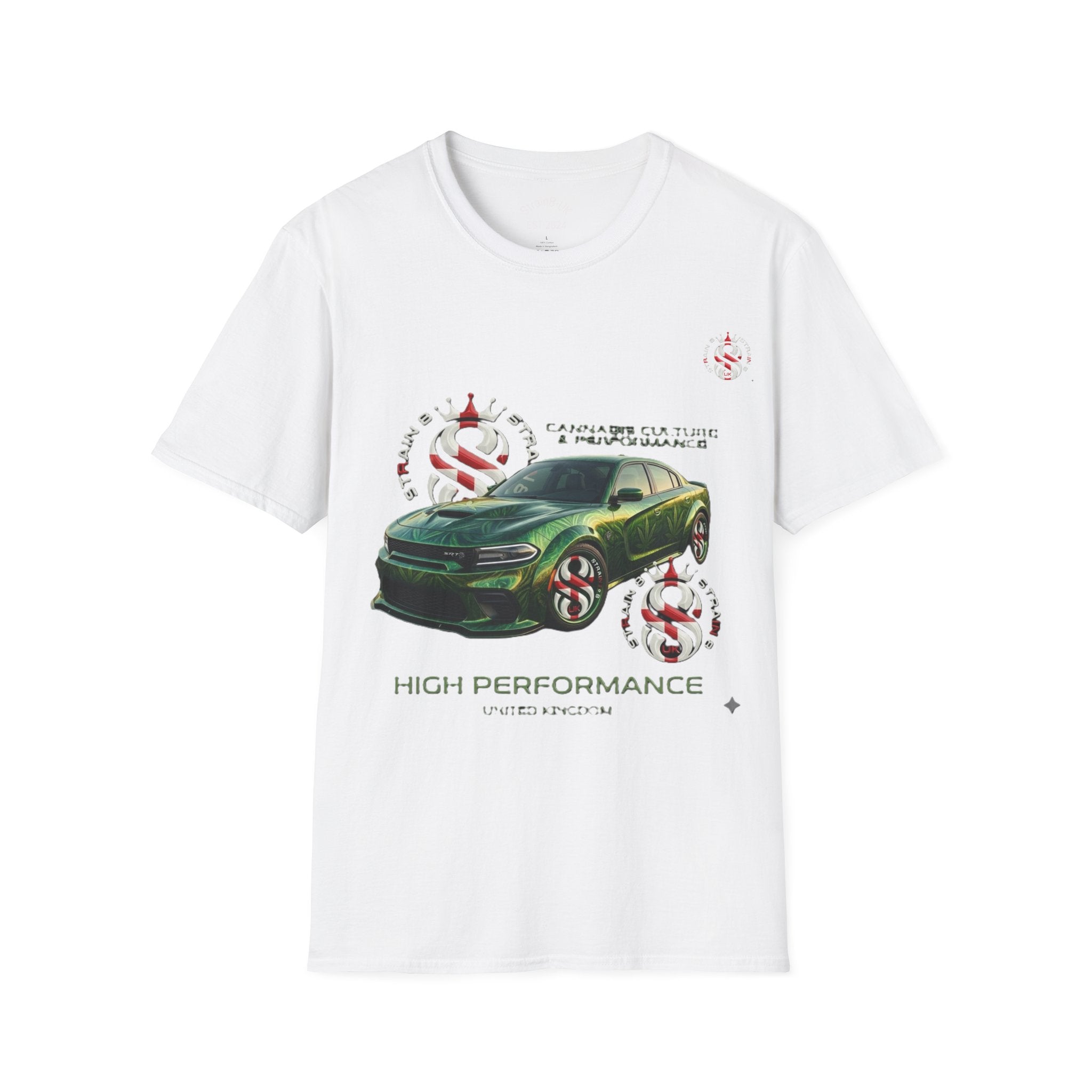 High Performance Strain8-UK Muscle Car T‑Shirt — Green Sports Car Graphic St George Cross Alloys Tee