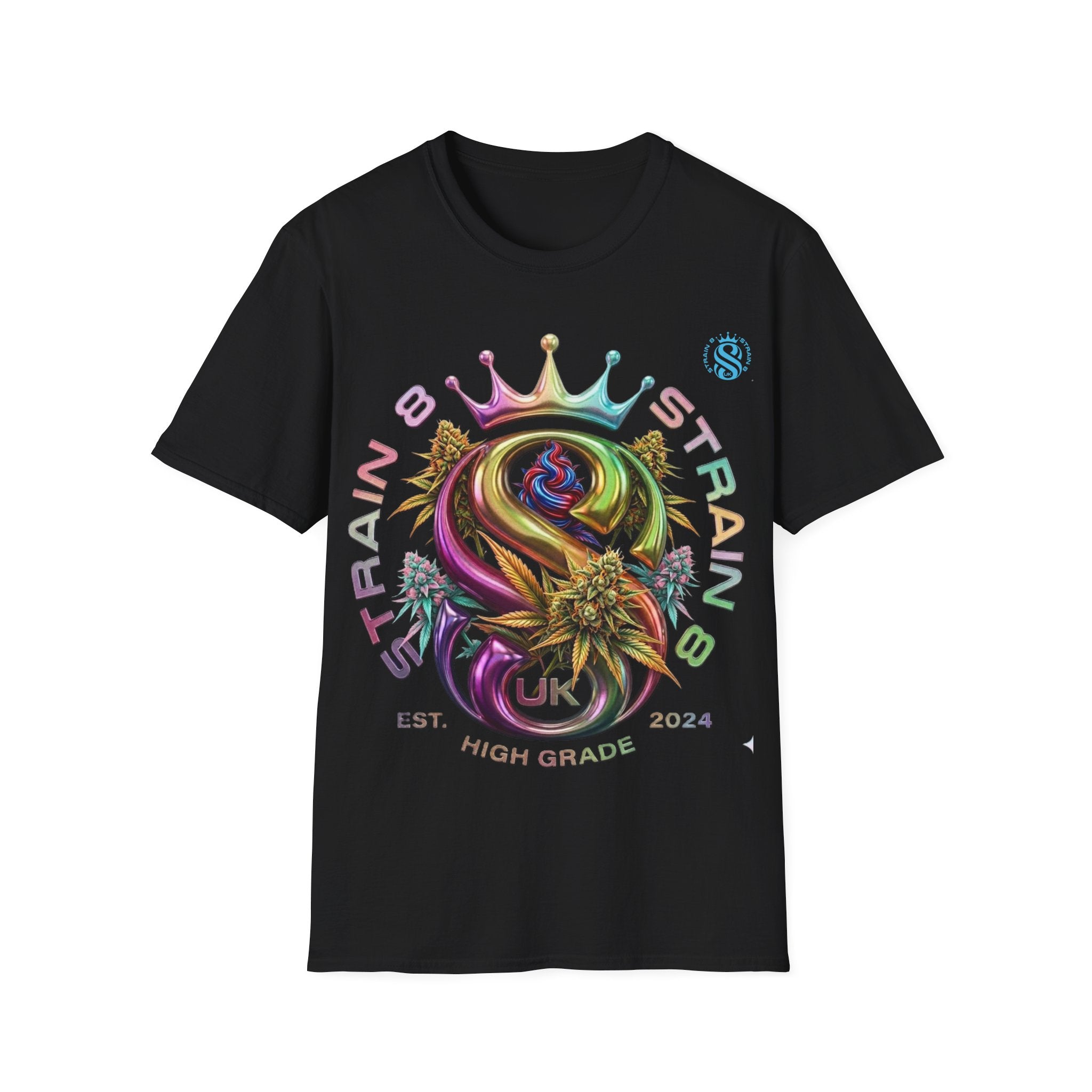 Strain8-UK Logo Crown Graphic T-Shirt — High Grade Cannabis Design