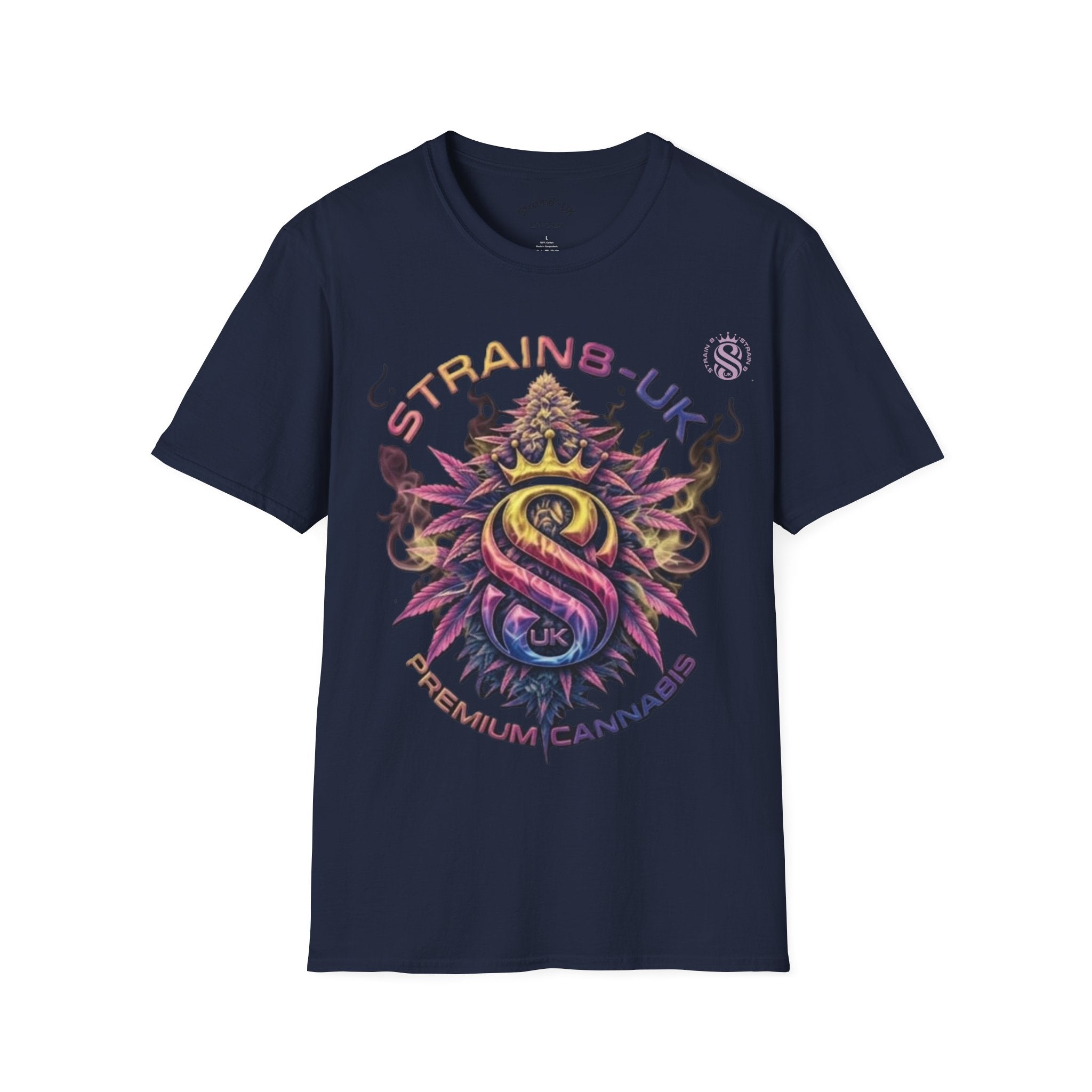Strain8-UK T‑Shirt — Vibrant Psychedelic Leaf&Logo ‘STRAIN8-UK’ Graphic Tee