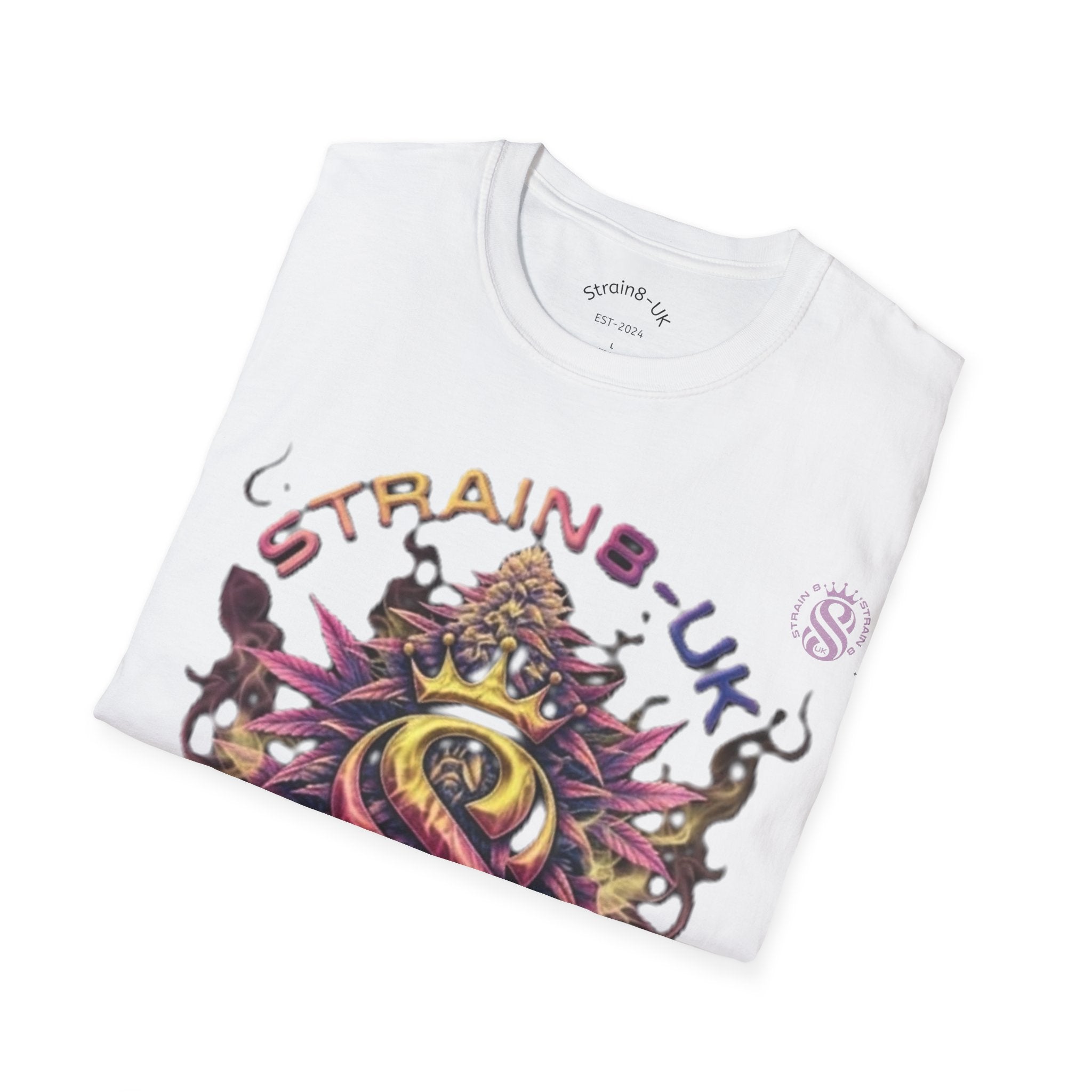Strain8-UK T‑Shirt — Vibrant Psychedelic Leaf&Logo ‘STRAIN8-UK’ Graphic Tee