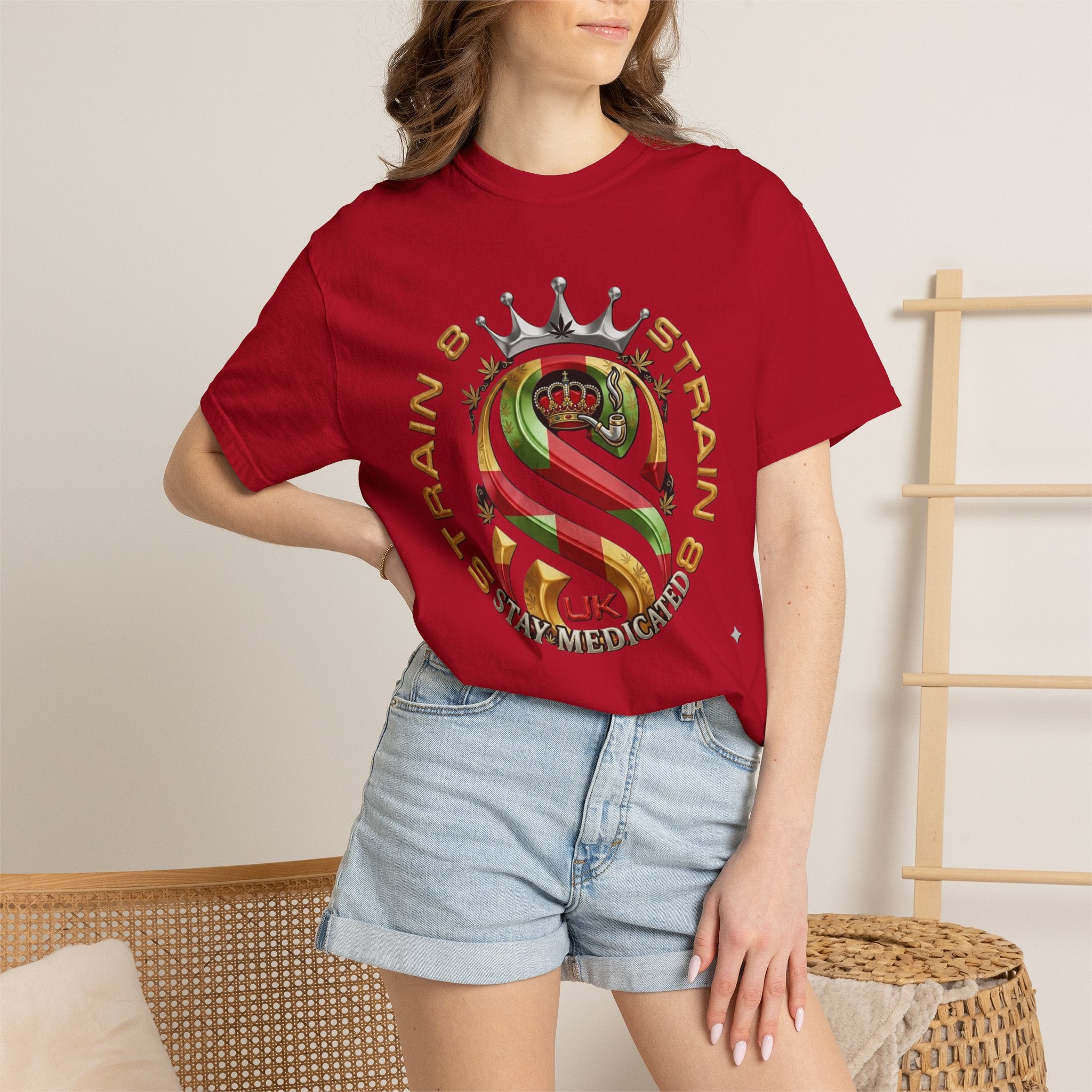 Strain8-UK Crown Logo T-Shirt — St George Cross Mixed With Spanish Flahg-Inspired Graphic Tee