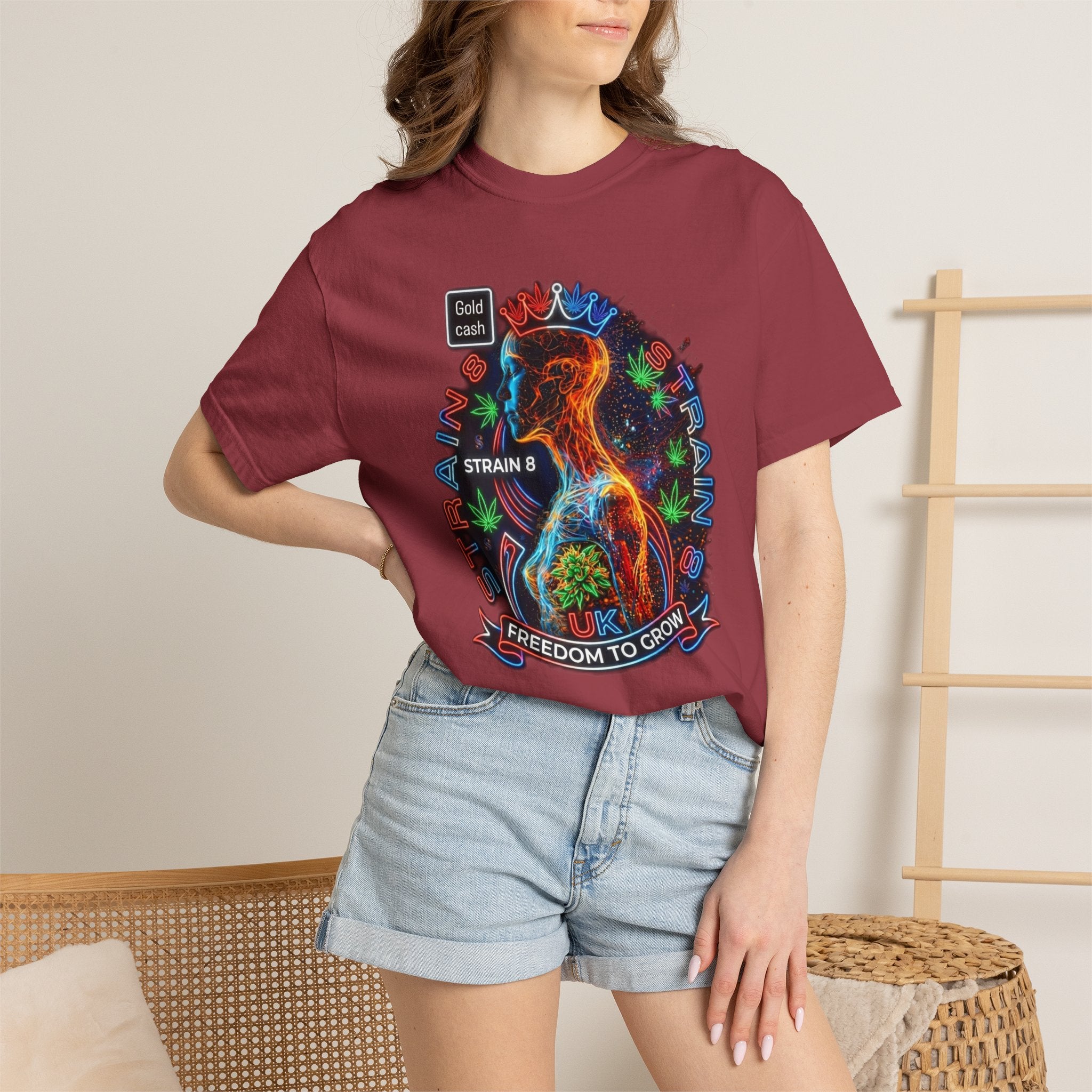 T-Shirt — Psychedelic Crowned Female Energy Glow, Freedom to Grow Graphic Tee (Strain8-UK)