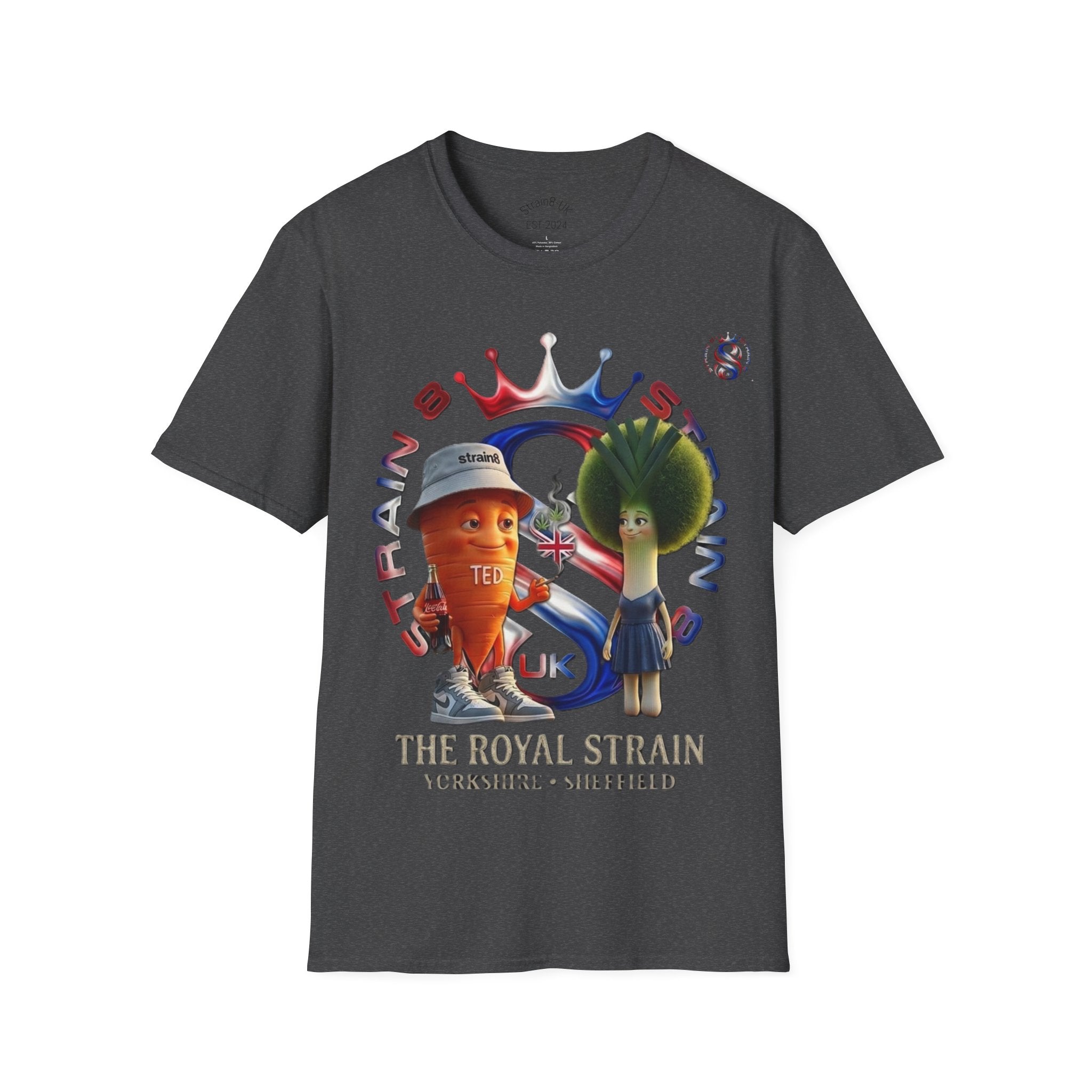 The Royal Strain8-UK T‑Shirt – Cute Cartoon Ted the carrot & Lucy the leak Veggie Characters Tee