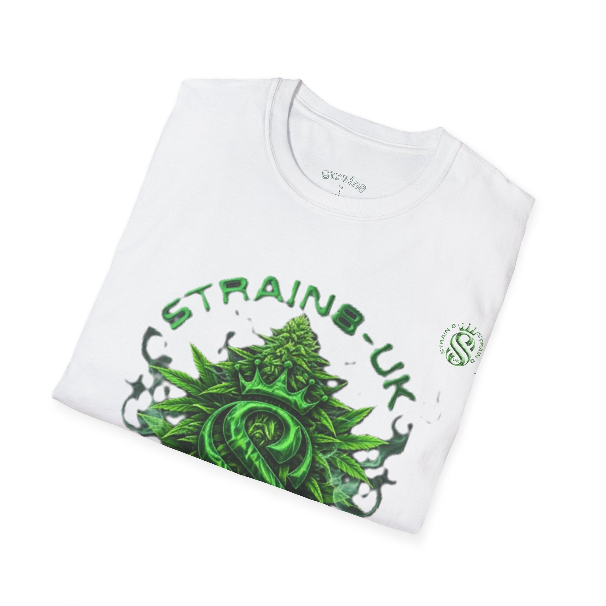 Strain8-UK logo/cannabis T-Shirt — Green Snake Crest 'STRAIN8-UK' Graphic Tee