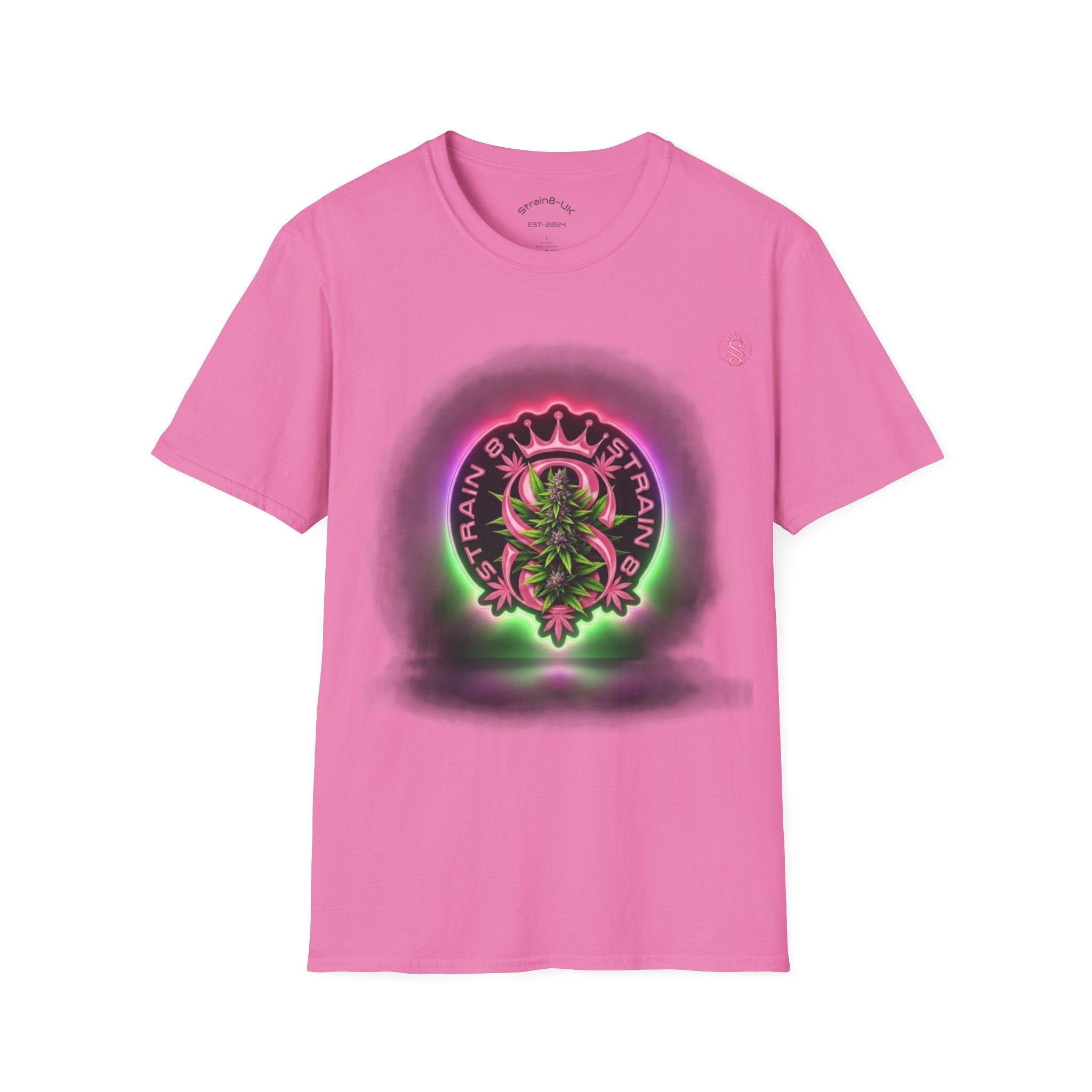 Unisex Softstyle Strain8-UK Neon Glow S8-UK Logo with flower Design T-Shirt