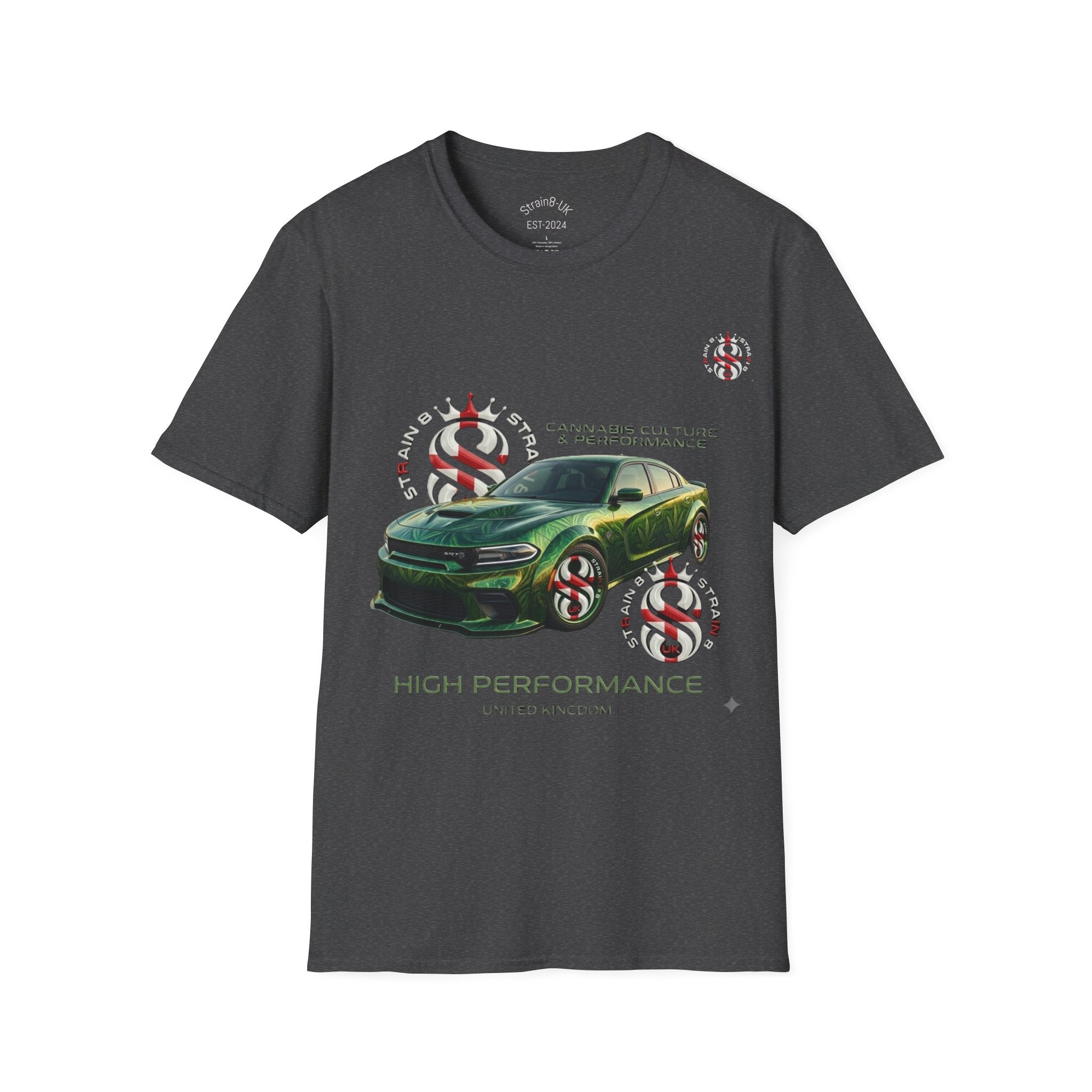 High Performance Strain8-UK Muscle Car T‑Shirt — Green Sports Car Graphic St George Cross Alloys Tee