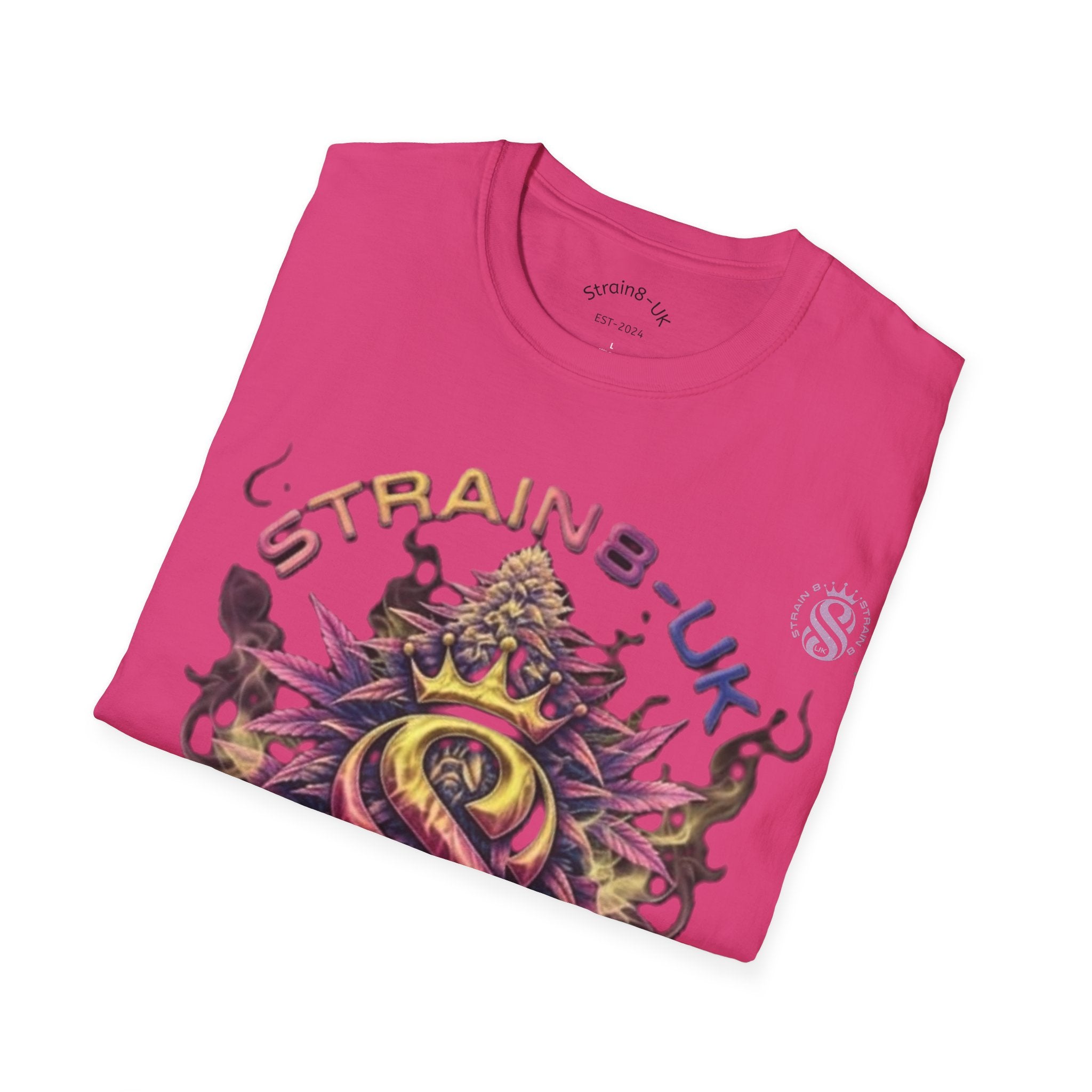 Strain8-UK T‑Shirt — Vibrant Psychedelic Leaf&Logo ‘STRAIN8-UK’ Graphic Tee
