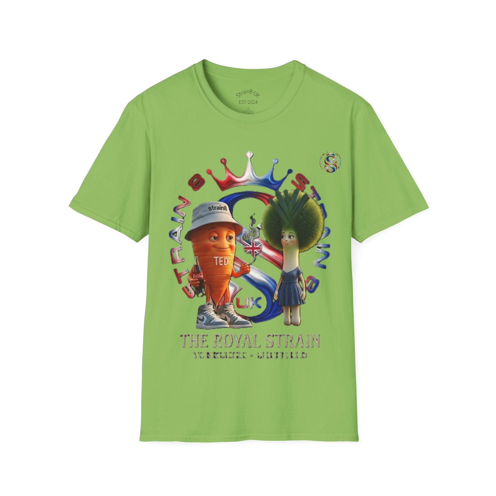 The Royal Strain8-UK T‑Shirt – Cute Cartoon Ted the carrot & Lucy the leak Veggie Characters Tee