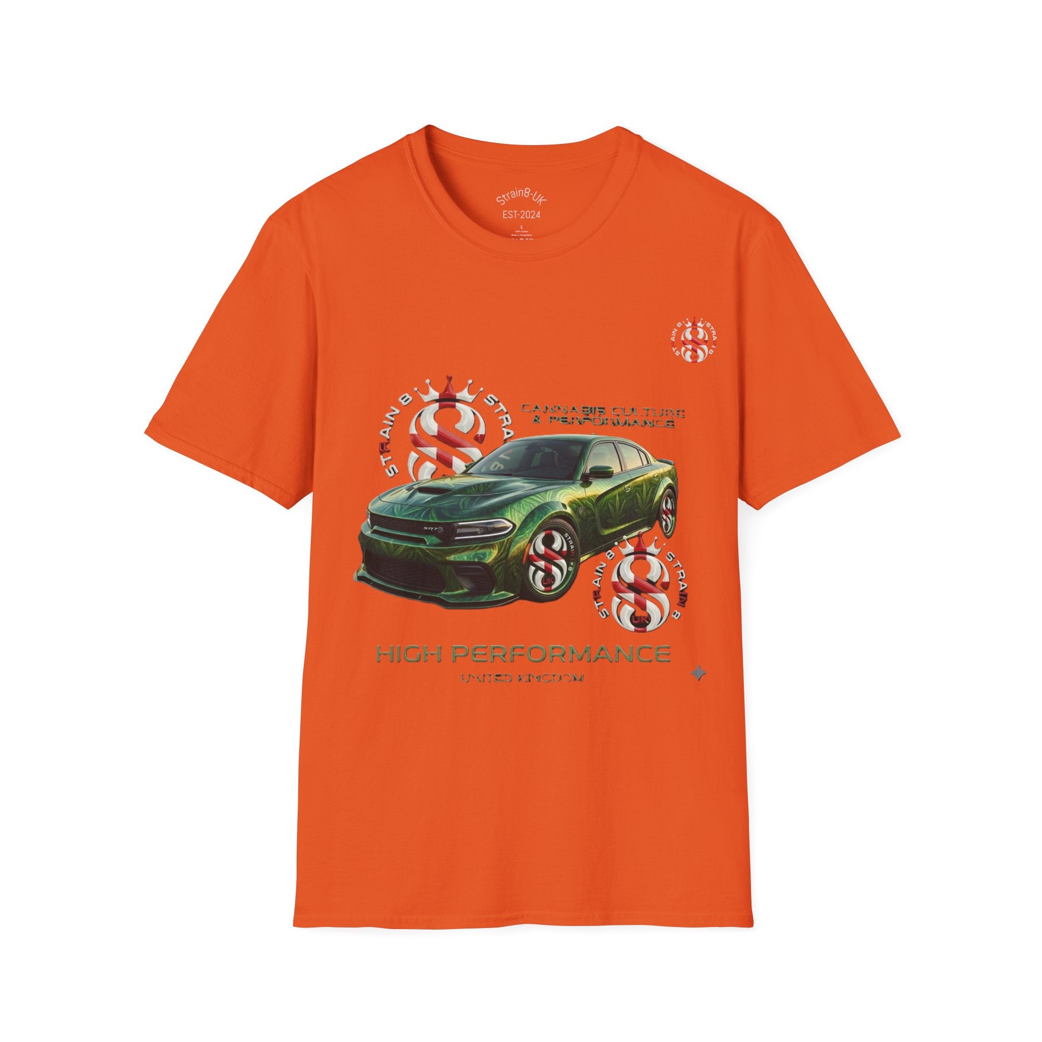 High Performance Strain8-UK Muscle Car T‑Shirt — Green Sports Car Graphic St George Cross Alloys Tee