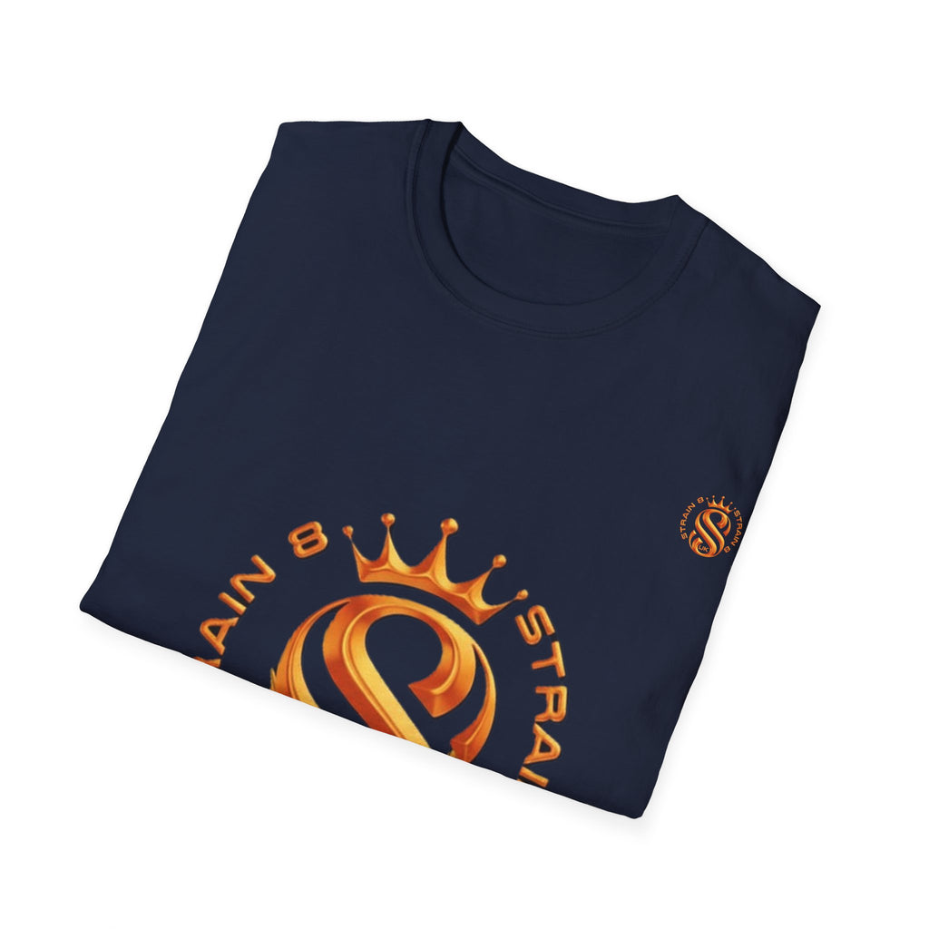 Strain8-UK metallic orange Royal Strain8-UK Emblem T‑Shirt — Crowned Strain8-UK Logo Graphic Tee