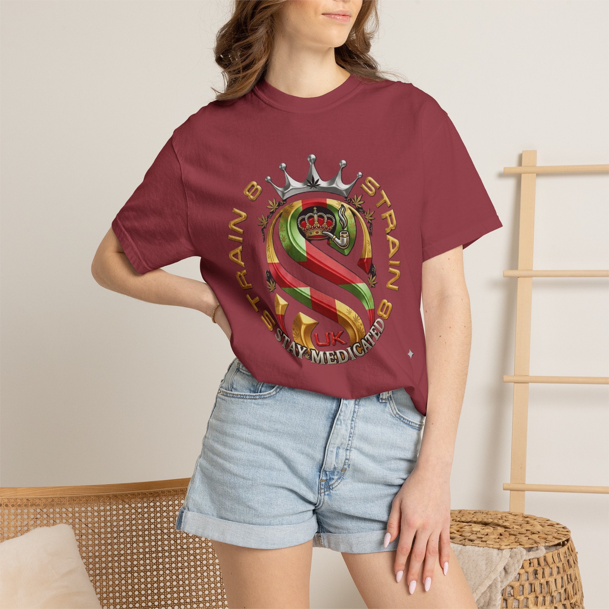 Strain8-UK Crown Logo T-Shirt — St George Cross Mixed With Spanish Flahg-Inspired Graphic Tee