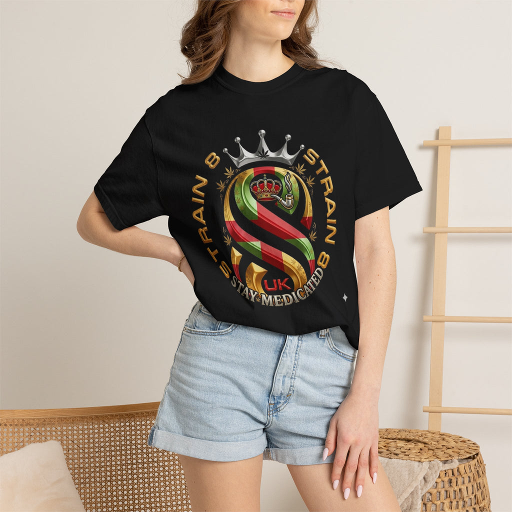 Strain8-UK Crown Logo T-Shirt — St George Cross Mixed With Spanish Flahg-Inspired Graphic Tee