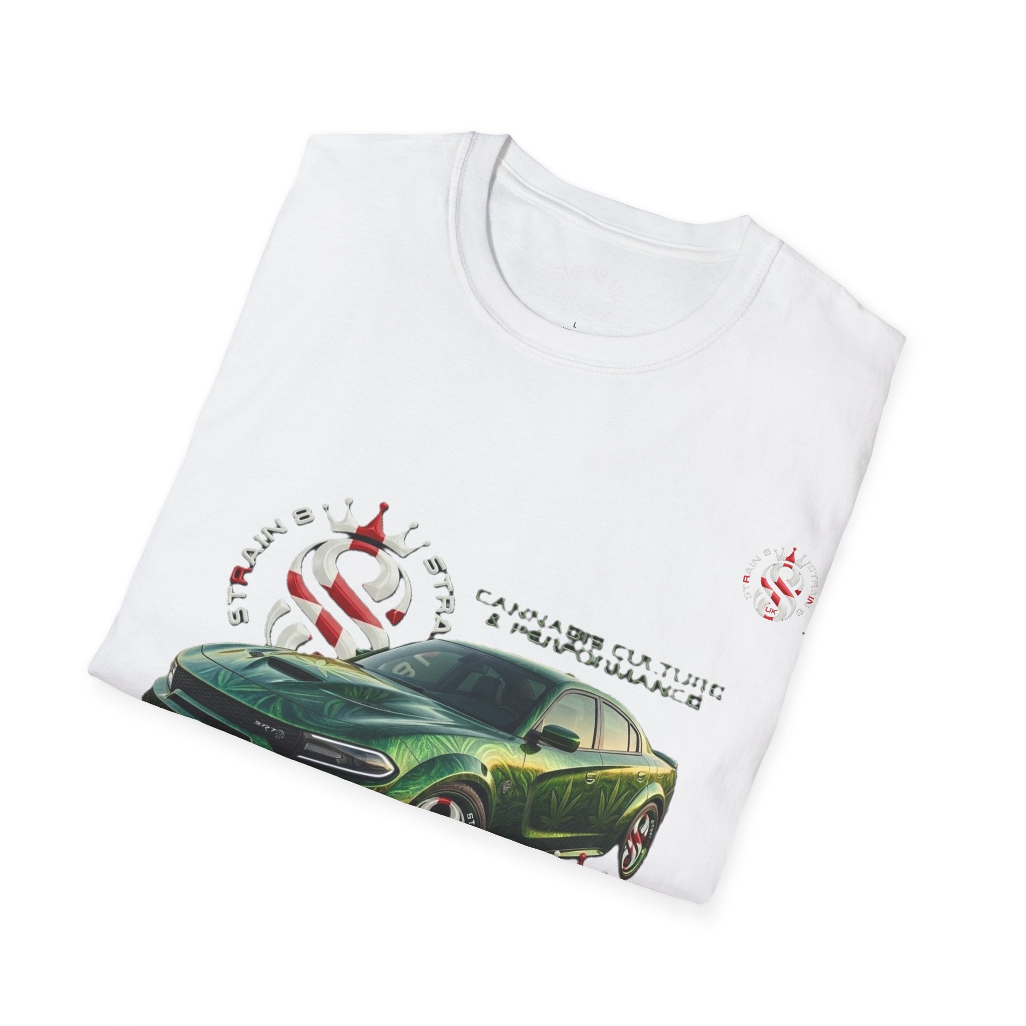 High Performance Strain8-UK Muscle Car T‑Shirt — Green Sports Car Graphic St George Cross Alloys Tee