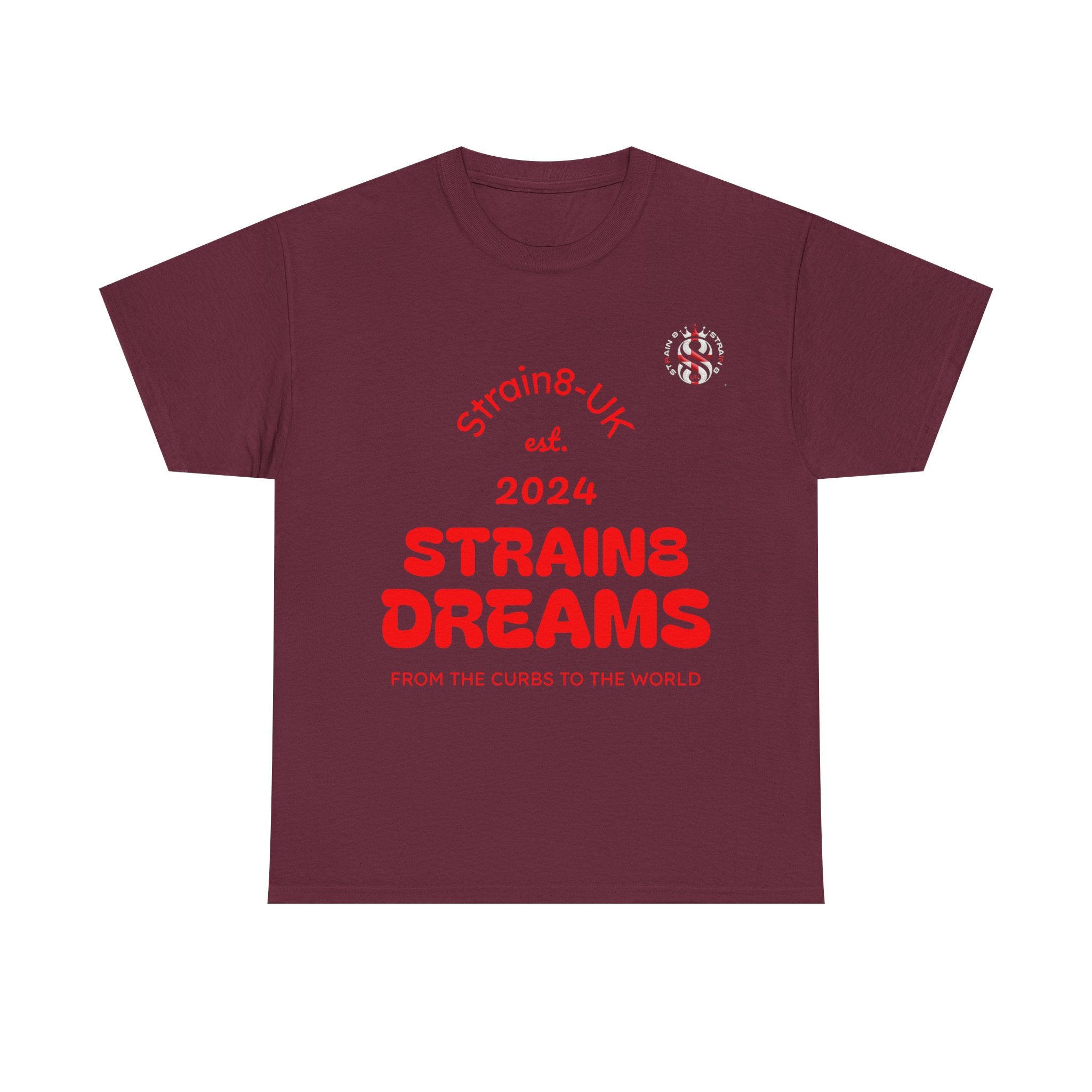 Strain8-UK Dreams 2024 St george cross & spanish flag original logo Tee — Graphic Band Tour Style T‑Shirt
