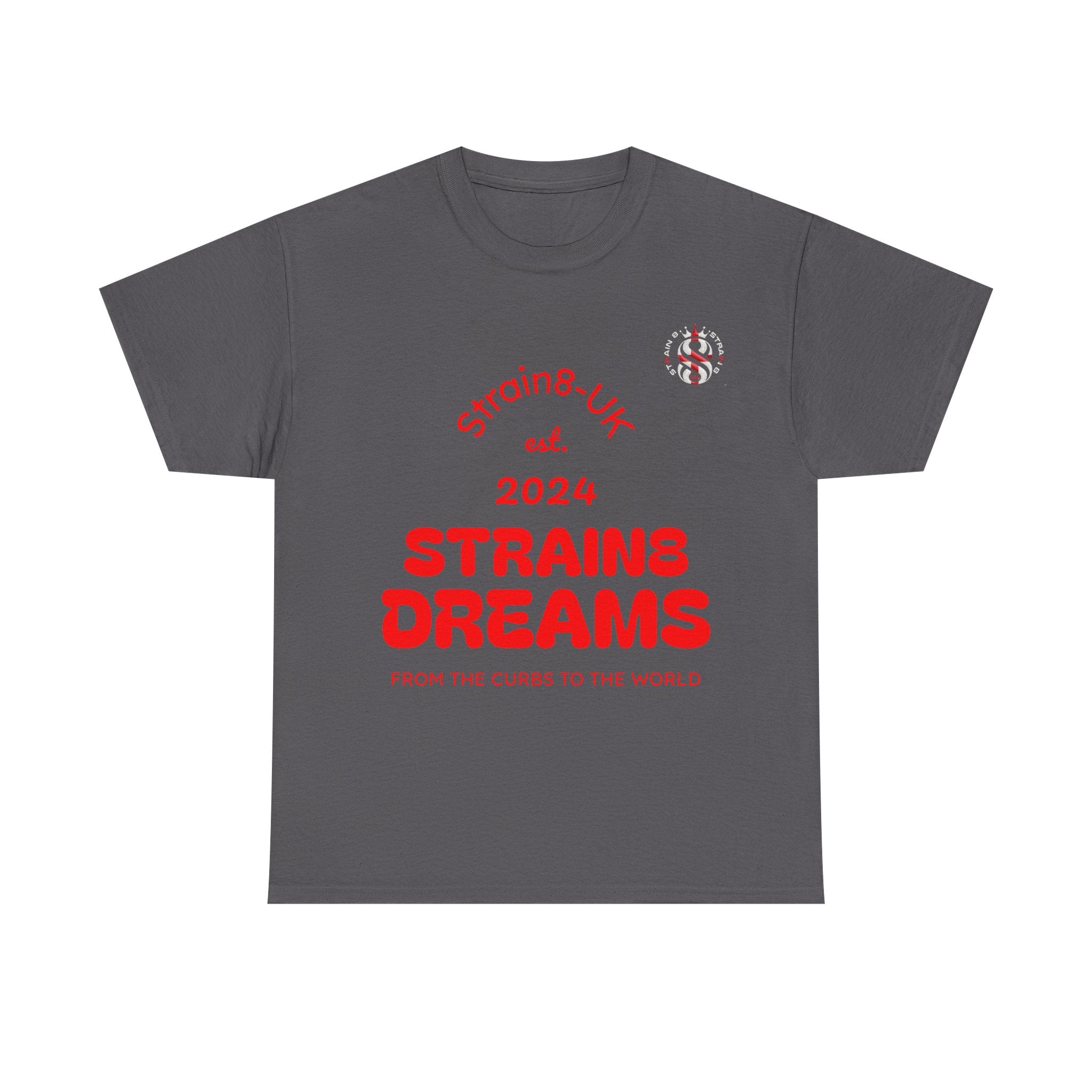 Strain8-UK Dreams 2024 St george cross & spanish flag original logo Tee — Graphic Band Tour Style T‑Shirt