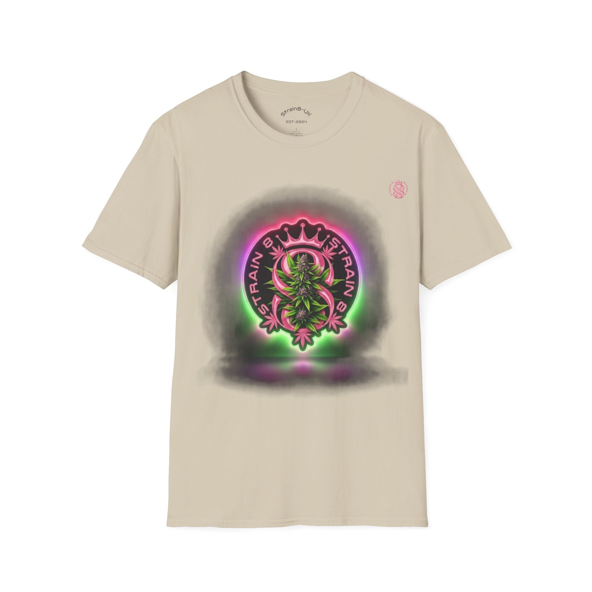 Unisex Softstyle Strain8-UK Neon Glow S8-UK Logo with flower Design T-Shirt