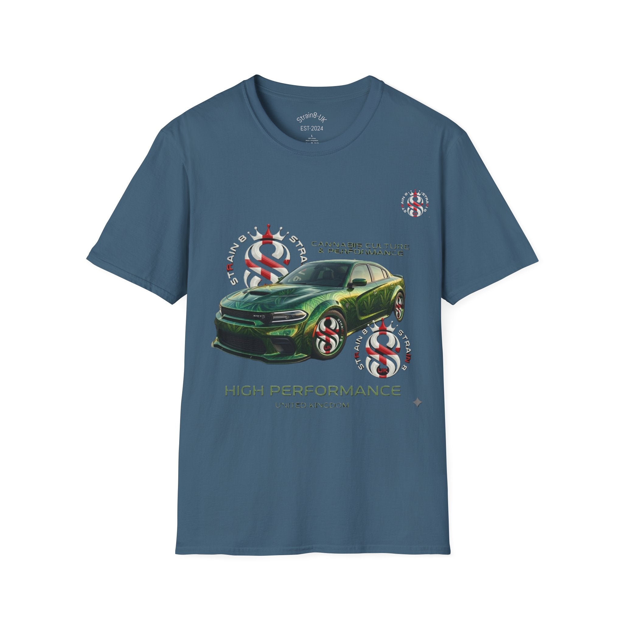High Performance Strain8-UK Muscle Car T‑Shirt — Green Sports Car Graphic St George Cross Alloys Tee