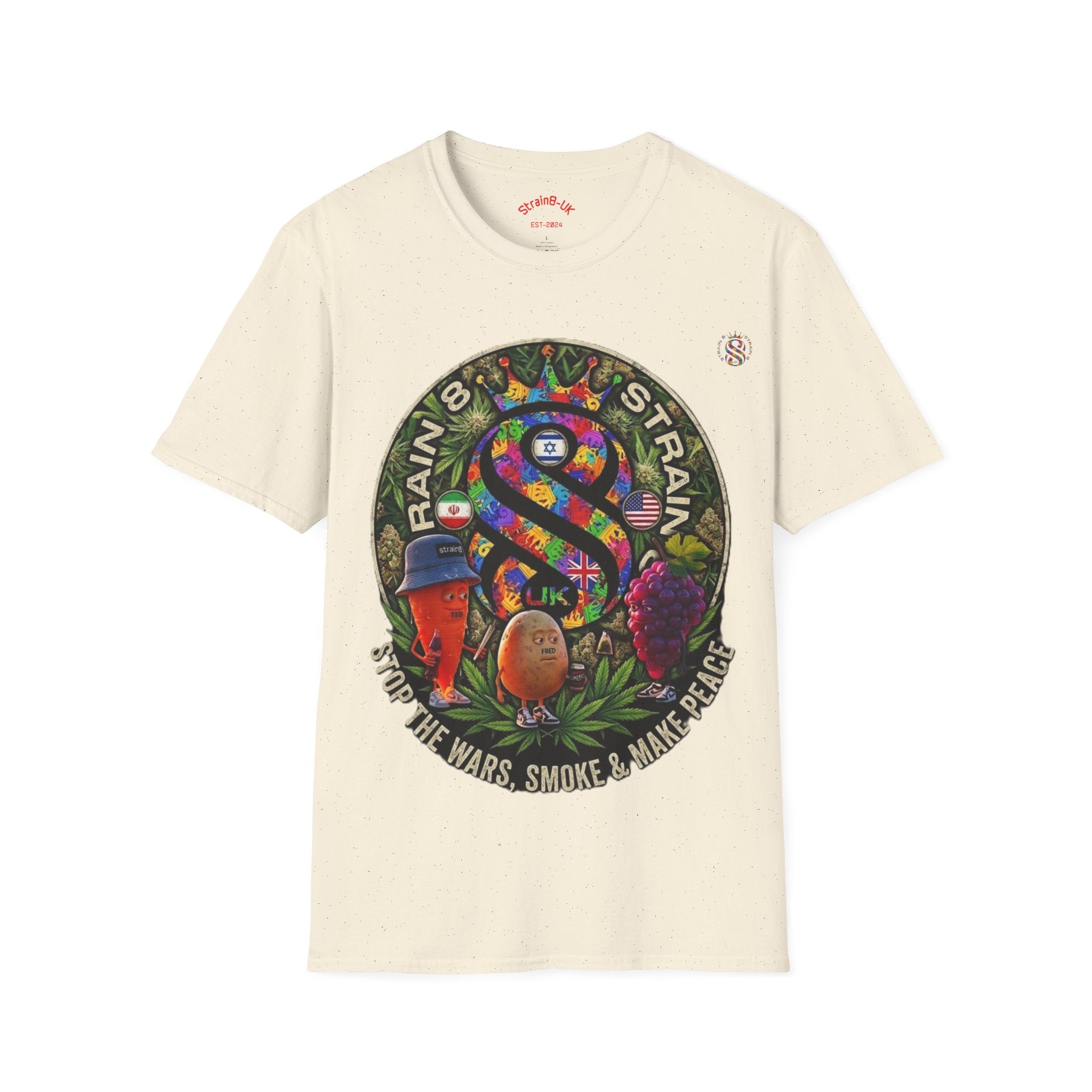 Rainbow Strain8-UK T‑Shirt — Psychedelic Cannabis Art Tee (Stop the Wars, Smoke & Make Peace)